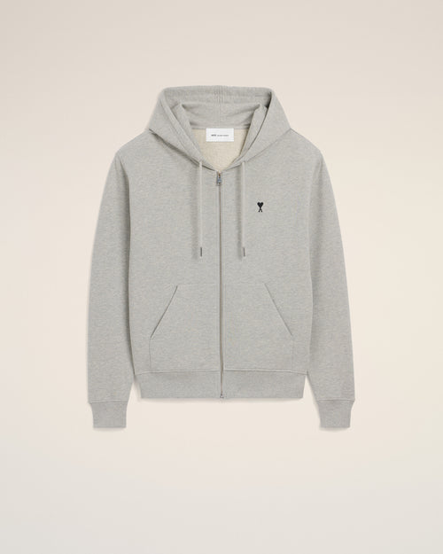 Grey zipped cotton hoodie with Ami de Coeur - HEATHER ASH GREY - Ami Paris