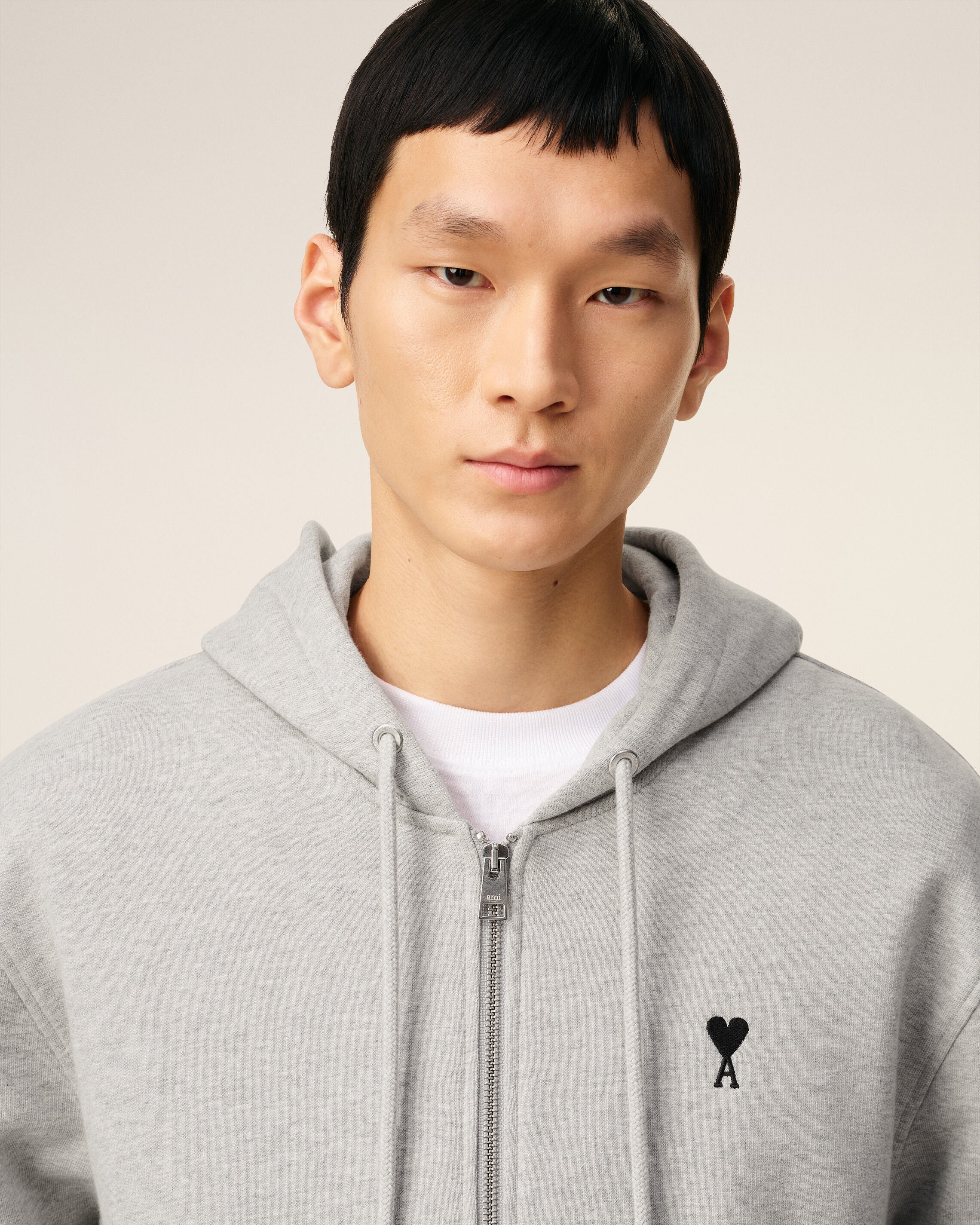 HEATHER ASH GREY Grey Cotton Zipped Ami De Coeur Hoodie | AMI PARIS