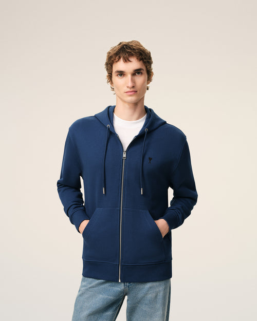Blue Cotton Ami De Coeur Zipped Hoodie - 3 - Ami Paris