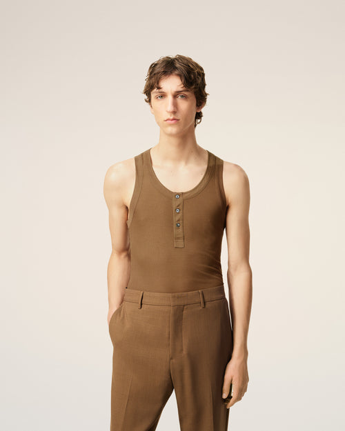 Brown Jersey Buttoned Placket Tanktop - 3 - Ami Paris