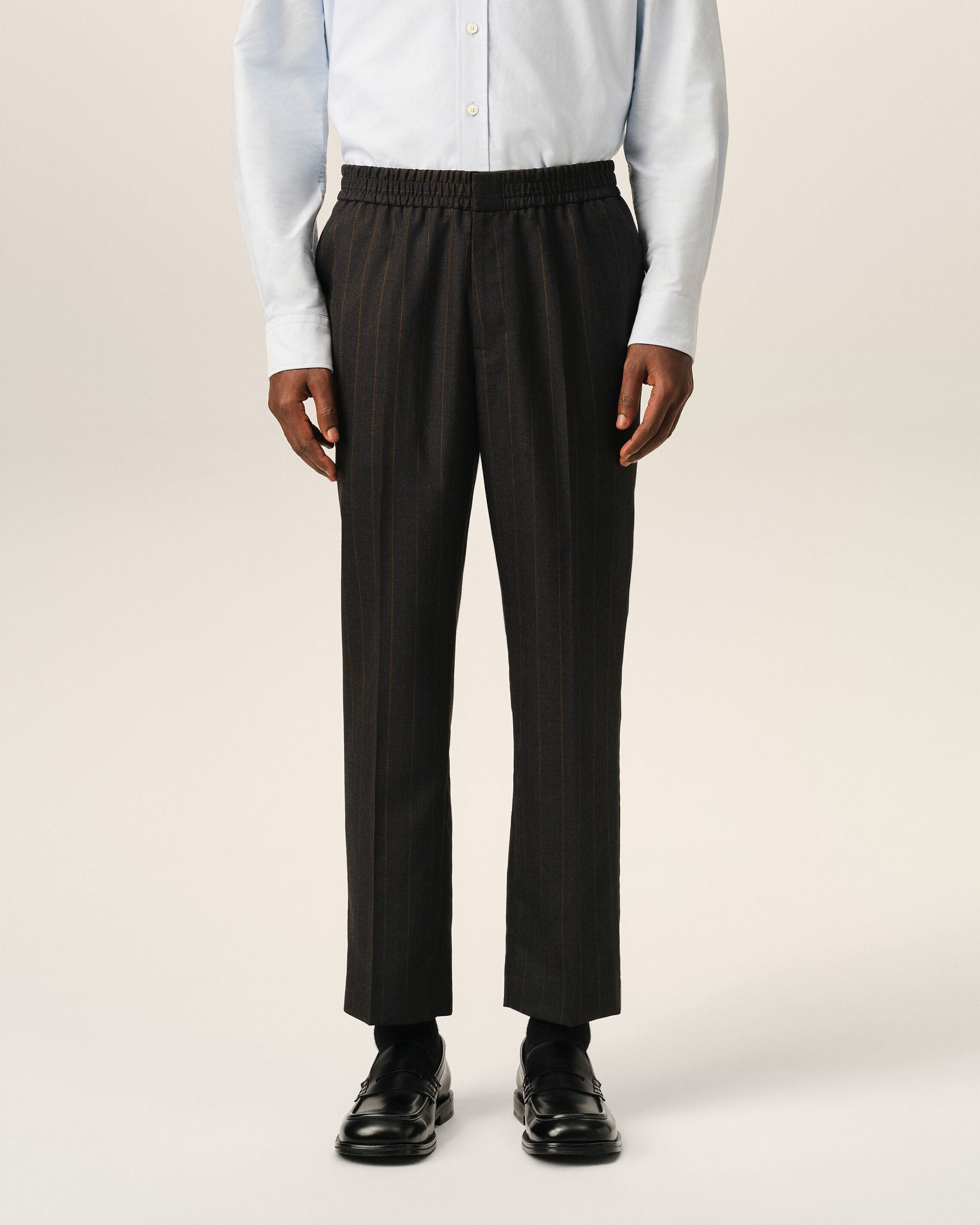 Grey elasticated-waist striped wool trousers - 3