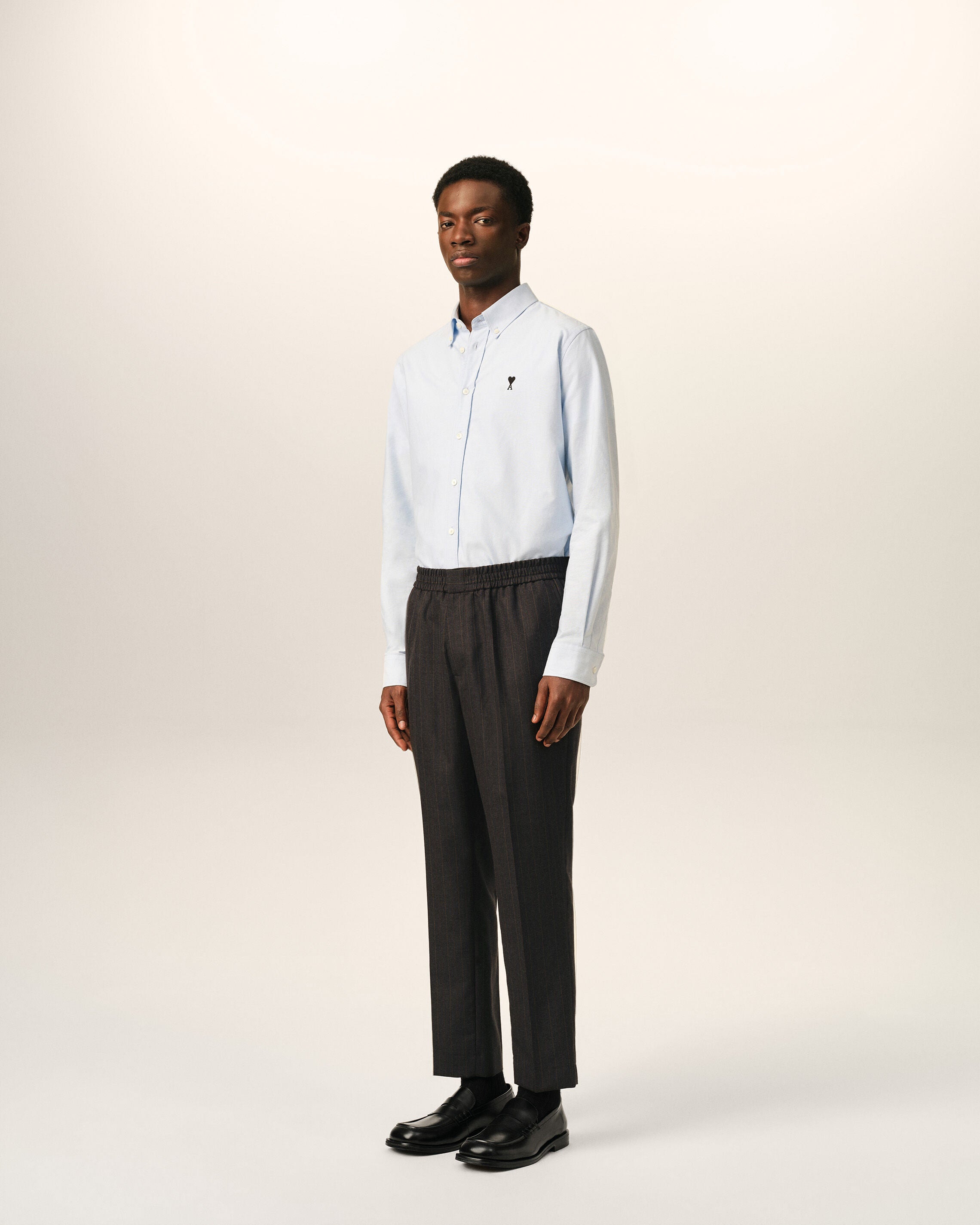 Grey elasticated-waist striped wool trousers - 6