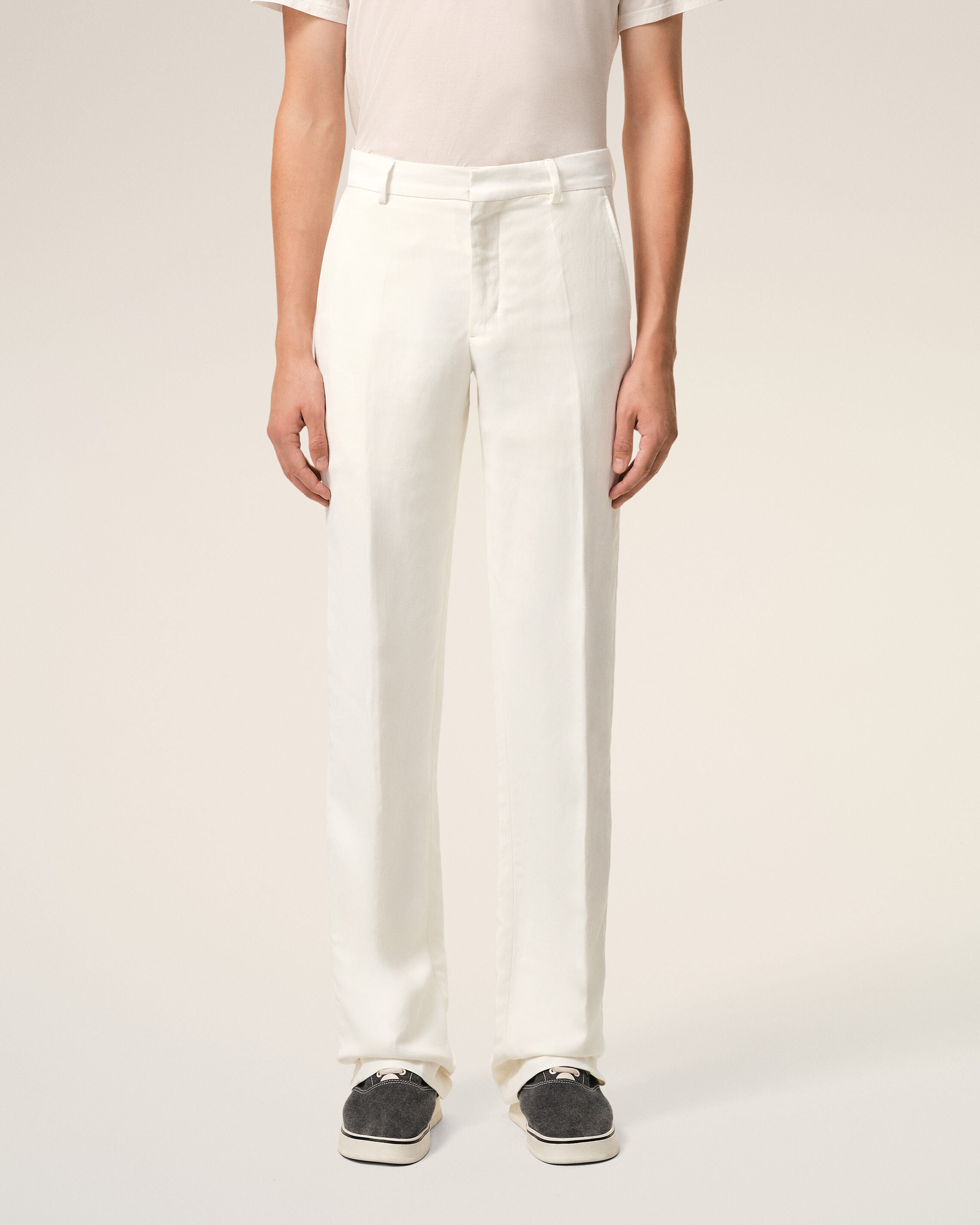 White Blended Linen Straight Trousers - 3