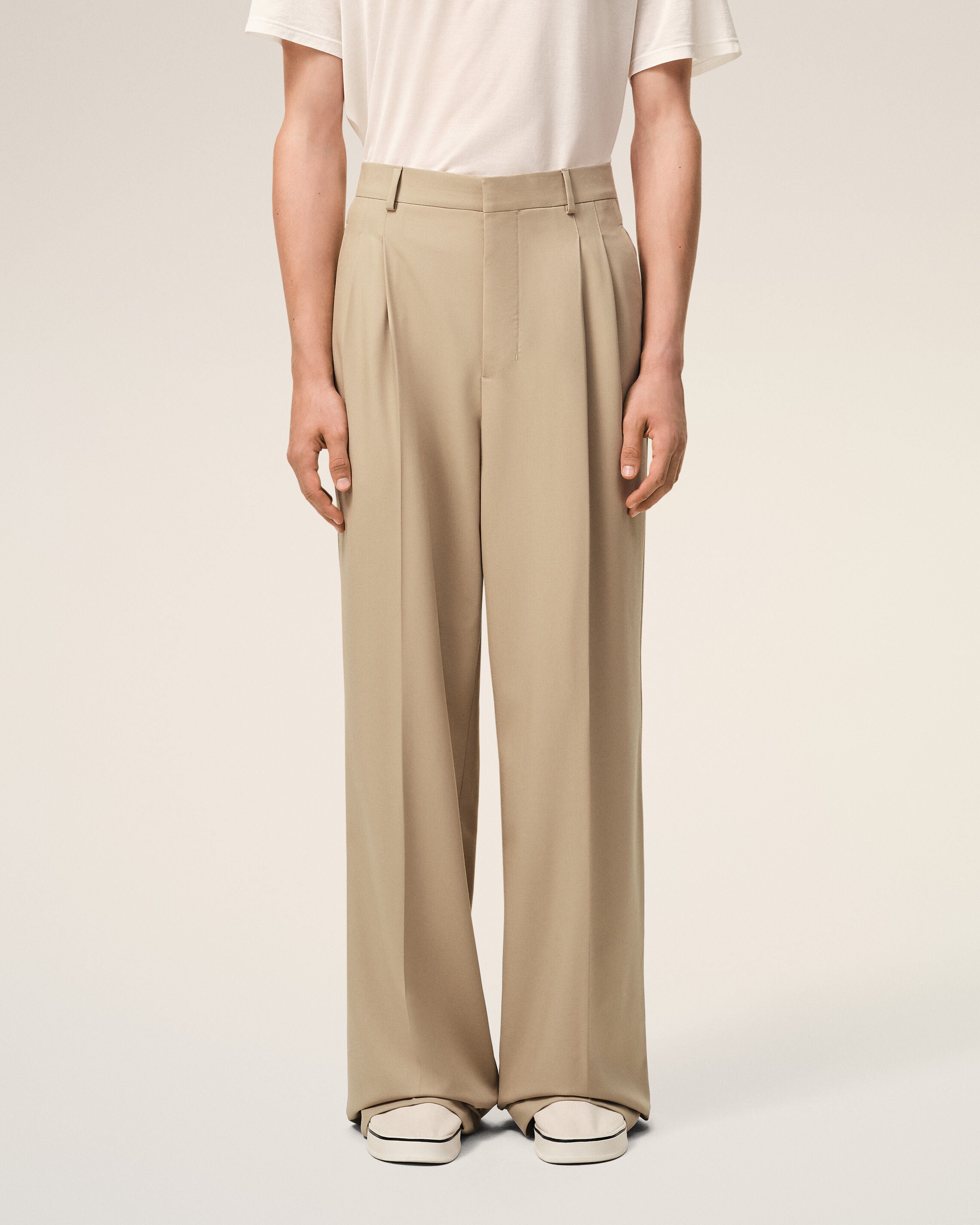 Beige New Wool Low Waist Wide Trousers - 3