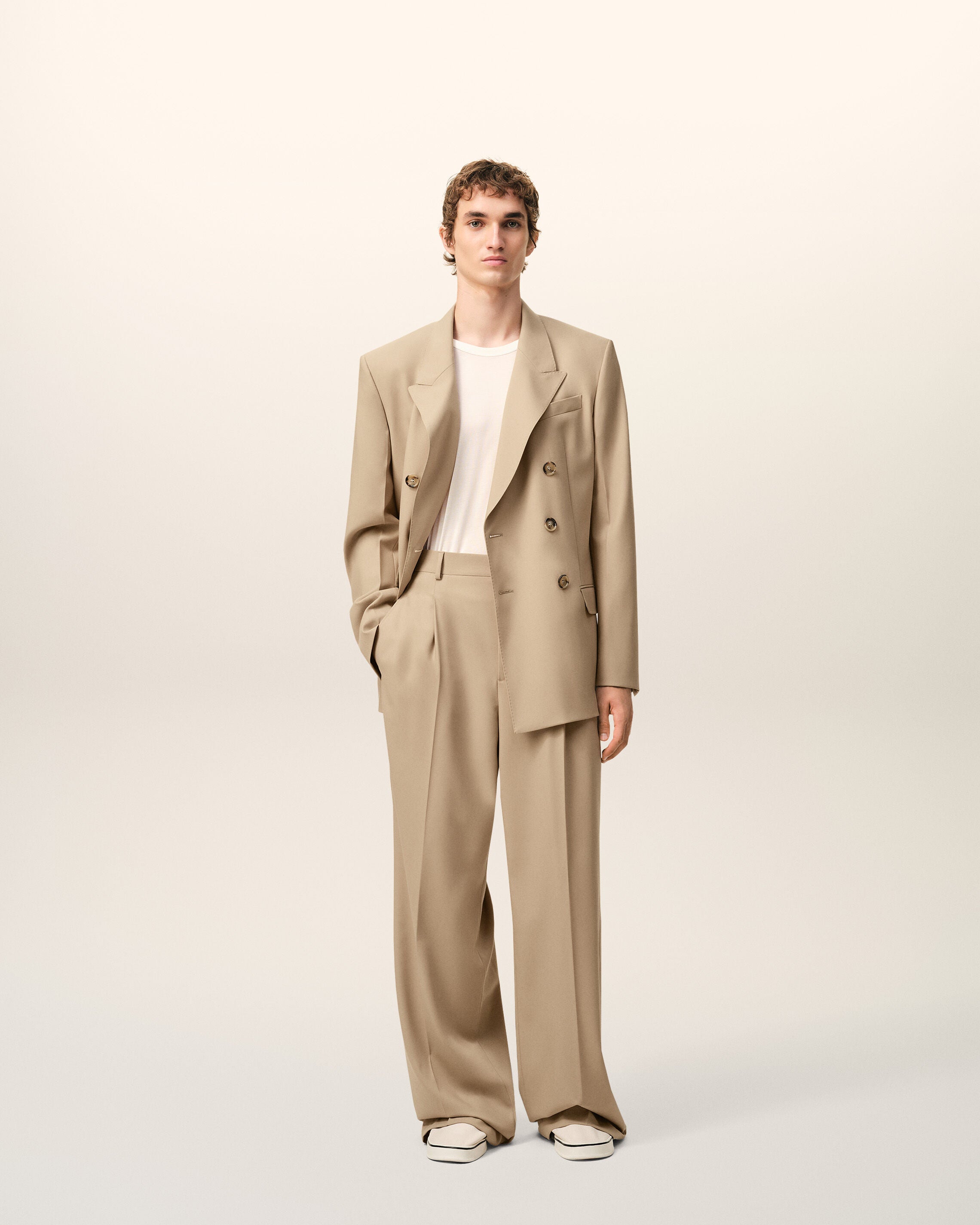 Beige New Wool Low Waist Wide Trousers - 2