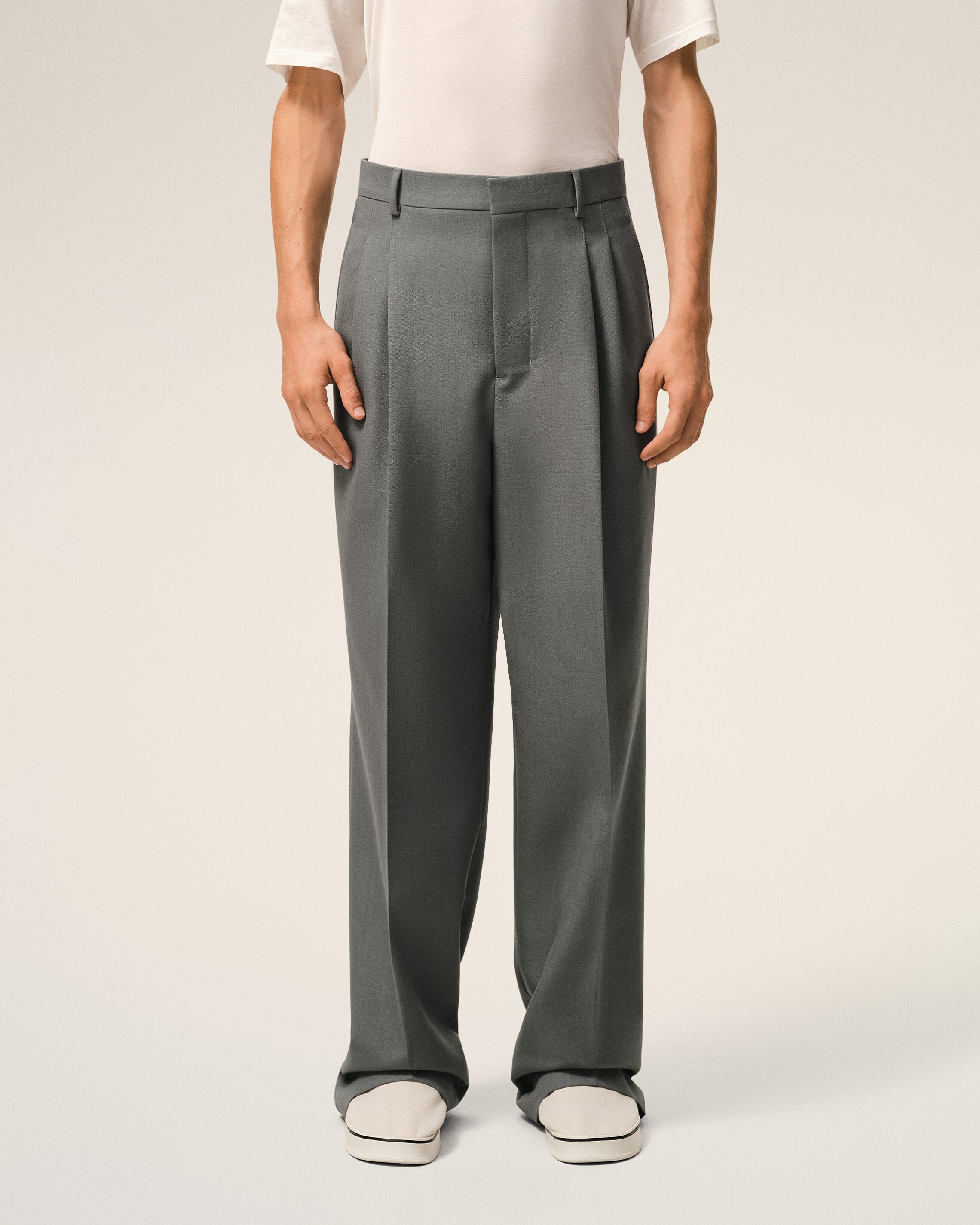 Grey New Wool Low Waist Wide Trousers - 3