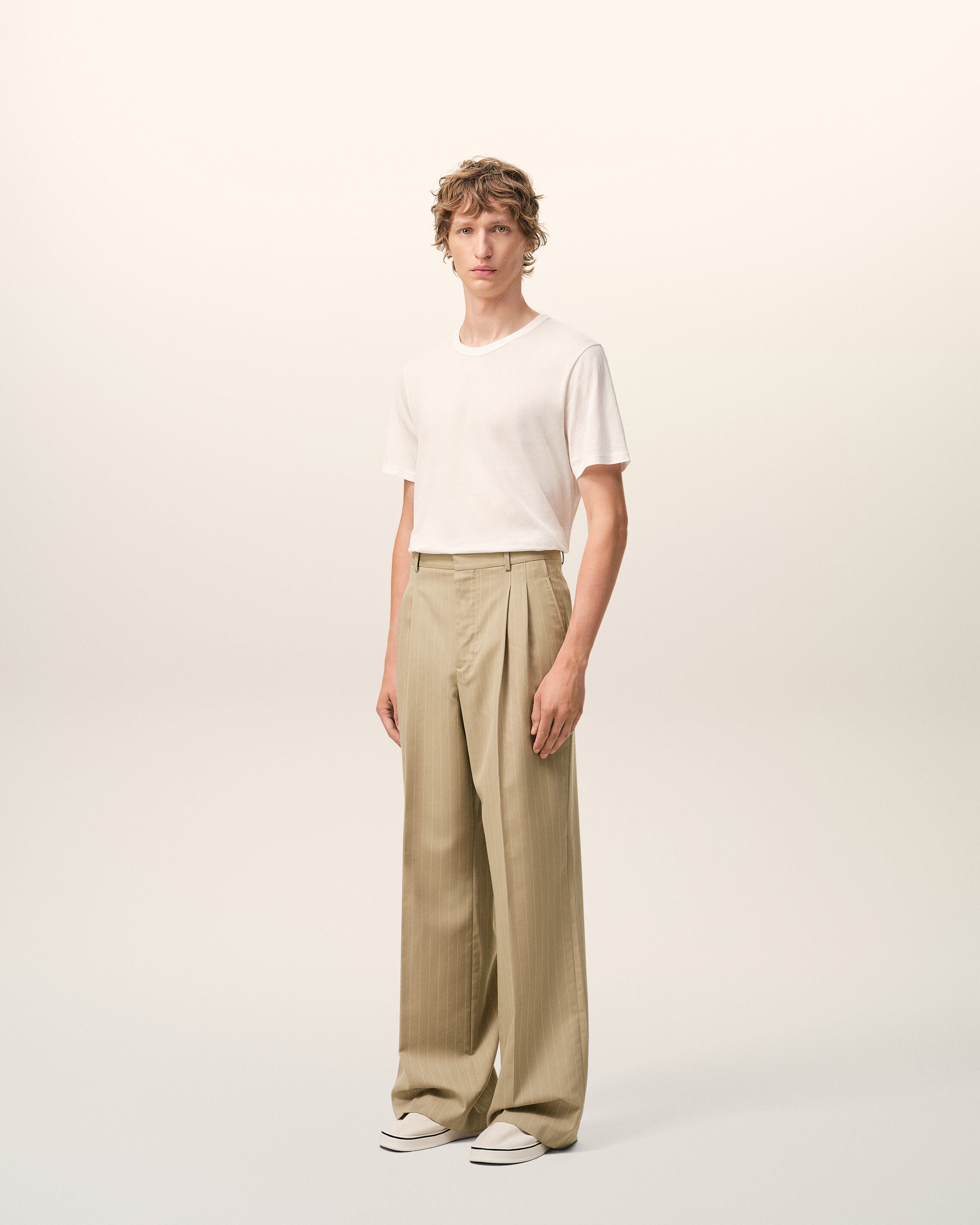 Beige New Wool Low Waist Wide Trousers - 6