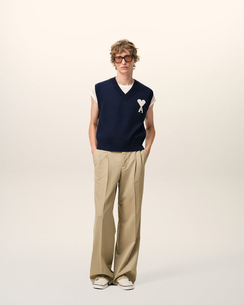 Pantalon Large Vert Taille Basse en Laine Vierge - 2 - Ami Paris