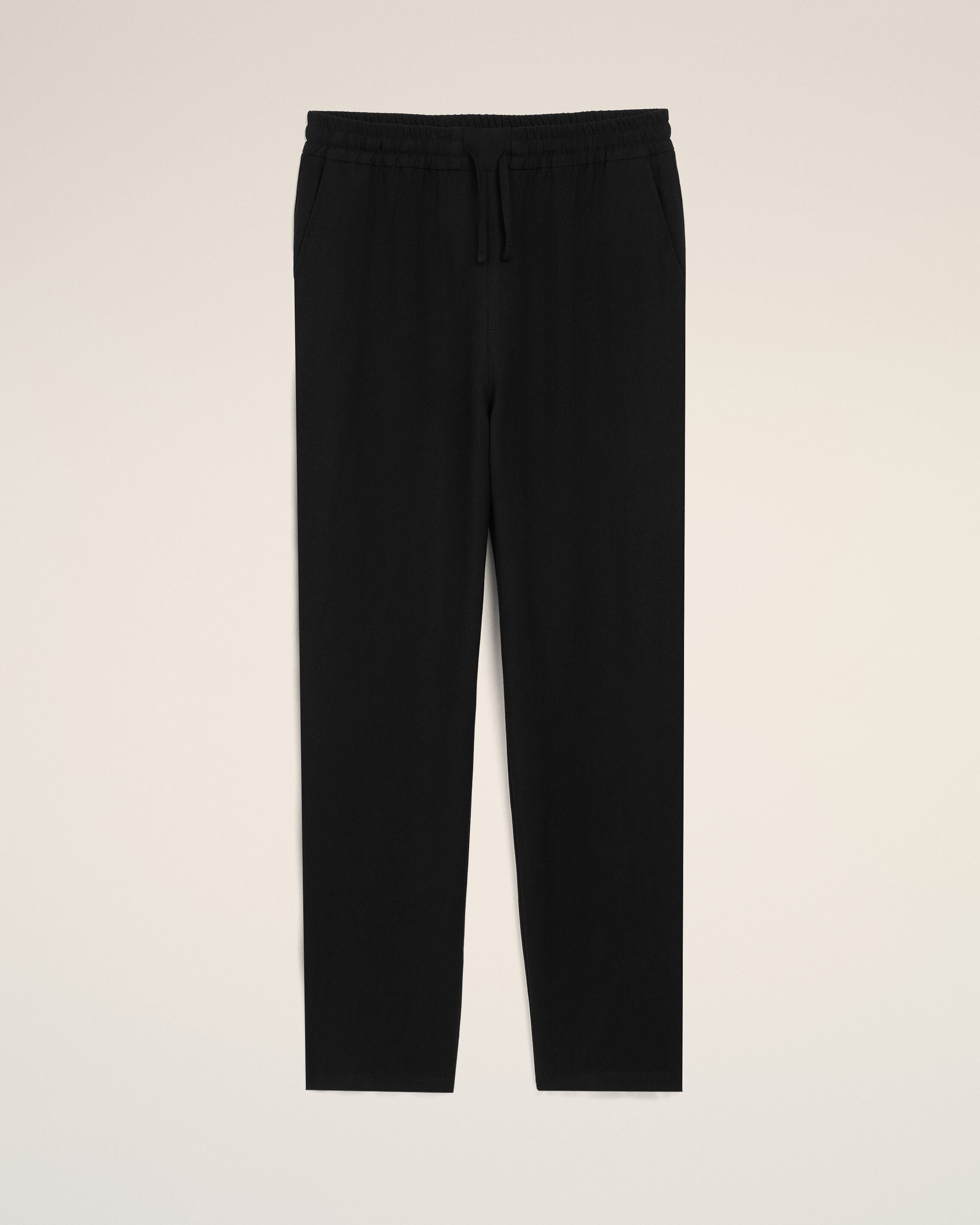 Pantalon Noir Taille Elastiquée en Lin Mélangé - 1
