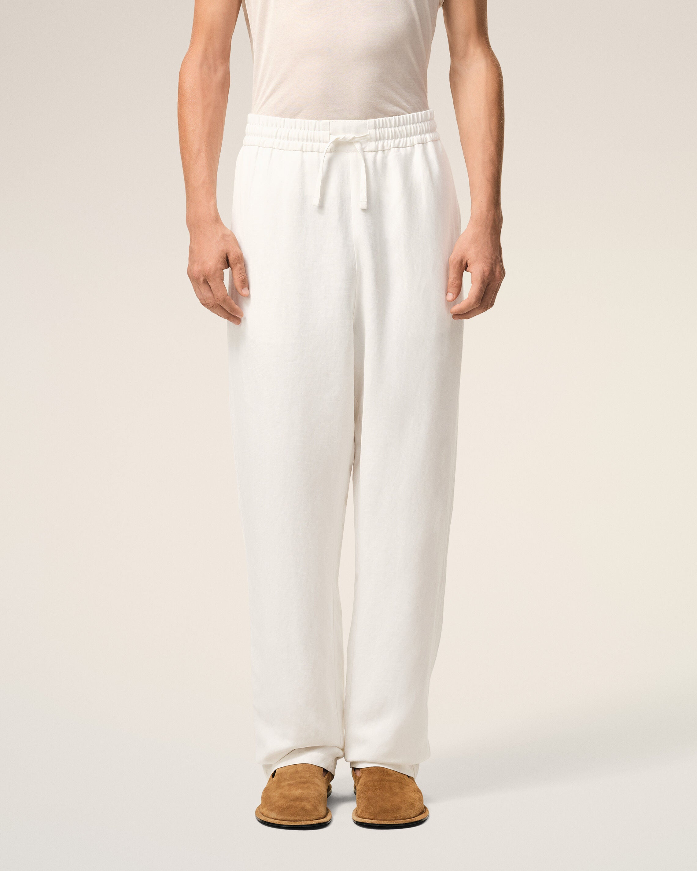 White Blended Linen Elasticated Waist Trousers - 3