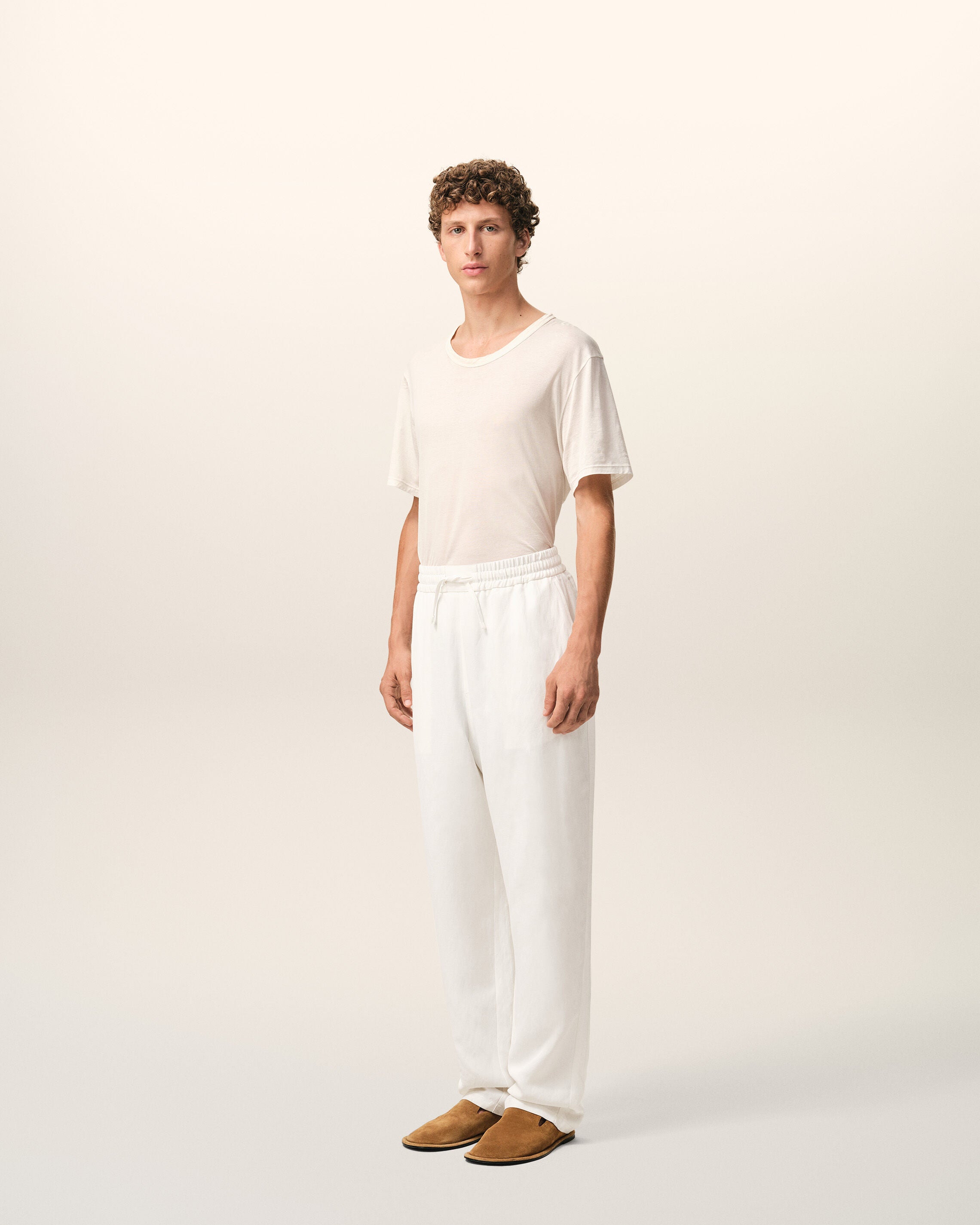 White Blended Linen Elasticated Waist Trousers - 6