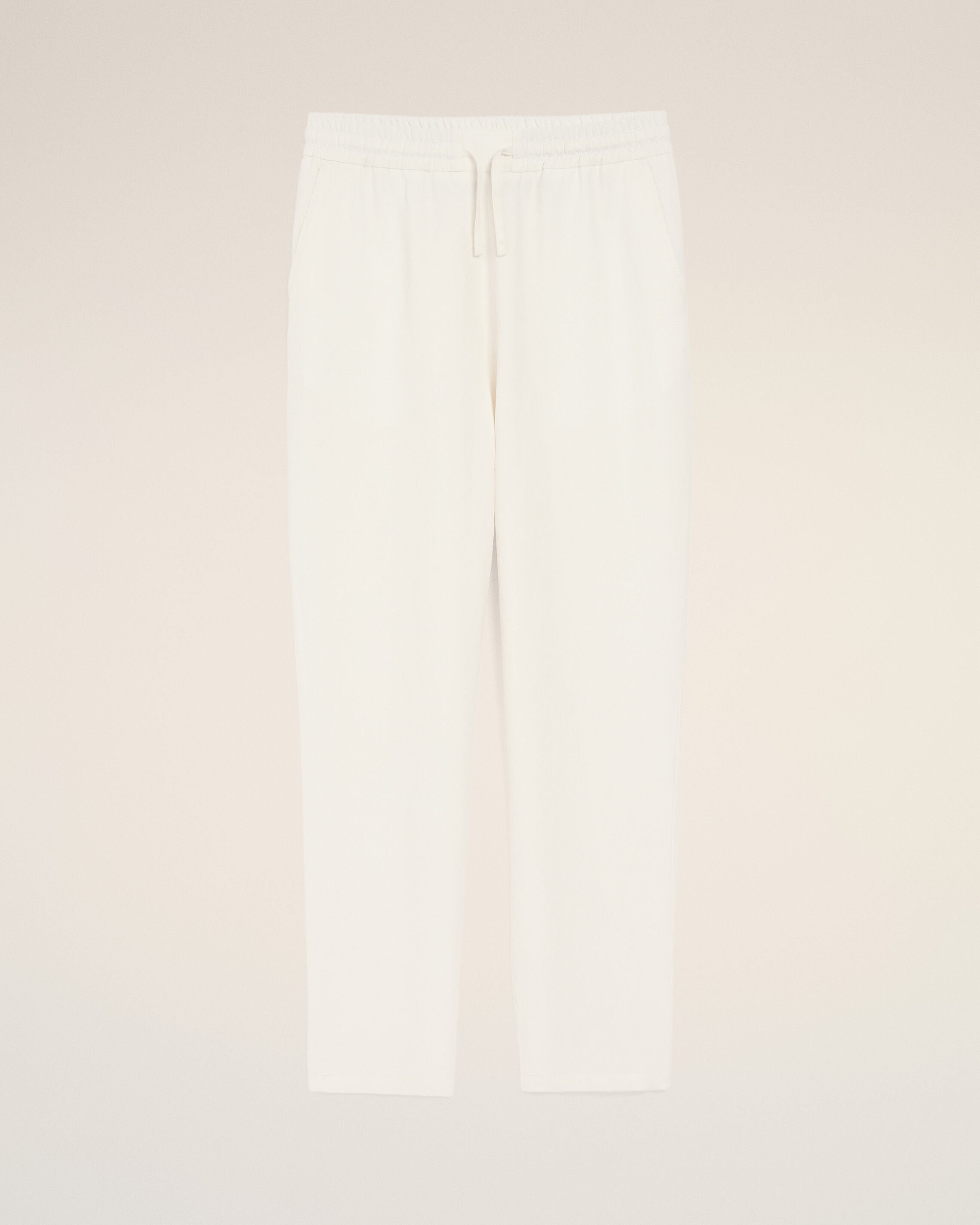 White Blended Linen Elasticated Waist Trousers - 1