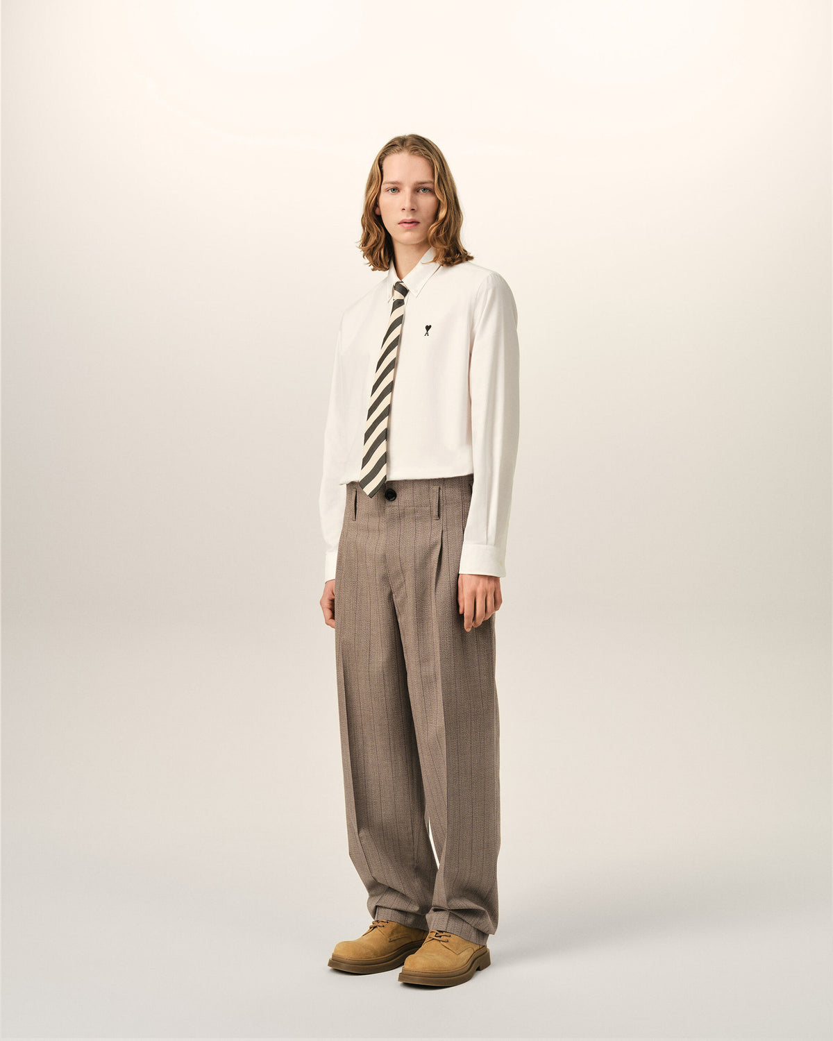 Pantalón de lana marrón a rayas con dos pinzas - 6