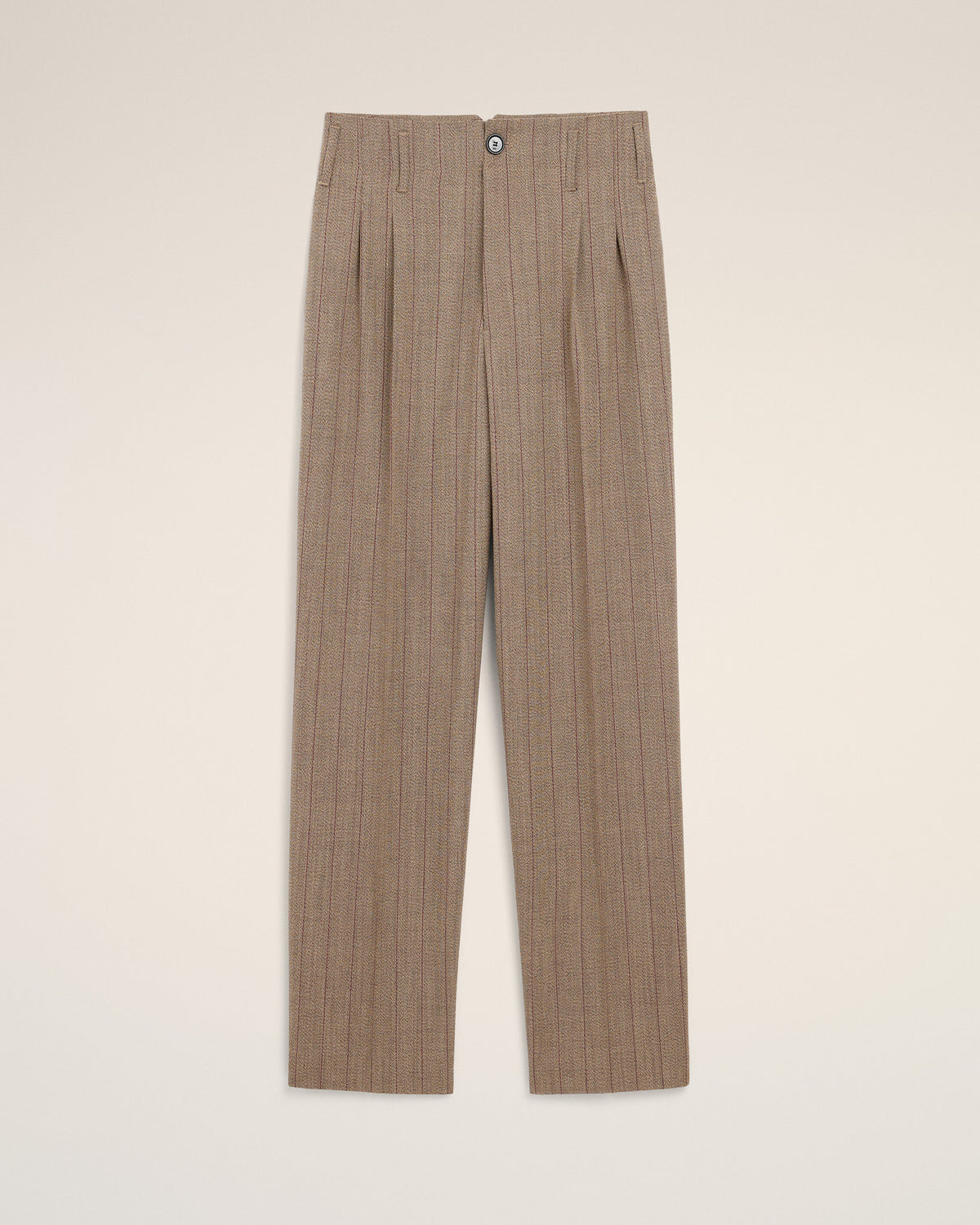 Pantalón de lana marrón a rayas con dos pinzas - 1