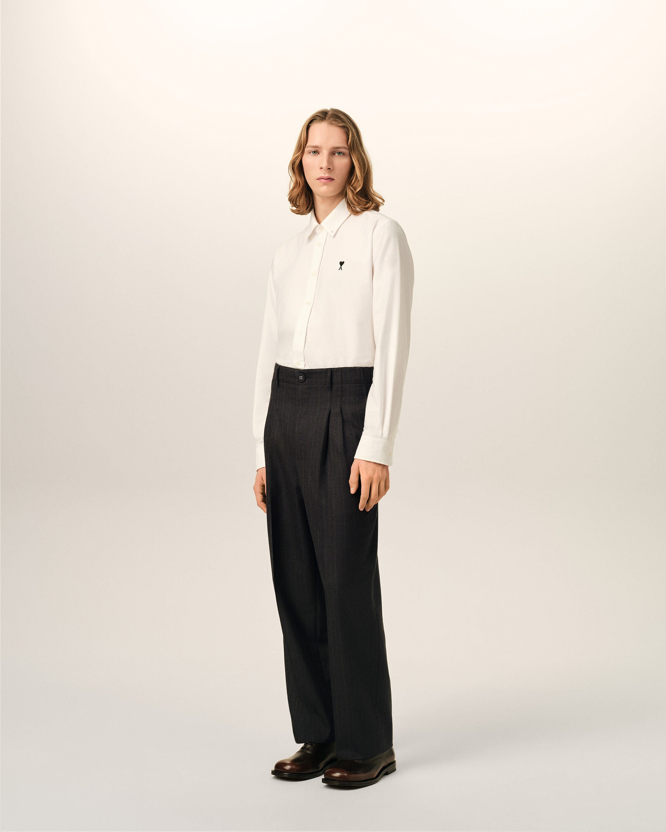 Grey high-waisted carrot-fit striped wool trousers - 6