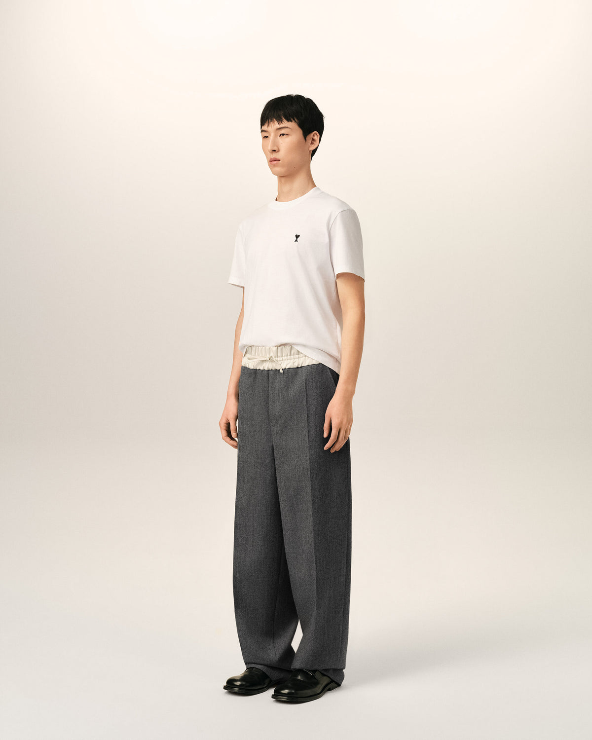 Grey elasticated-waist wool and satin trousers - 6