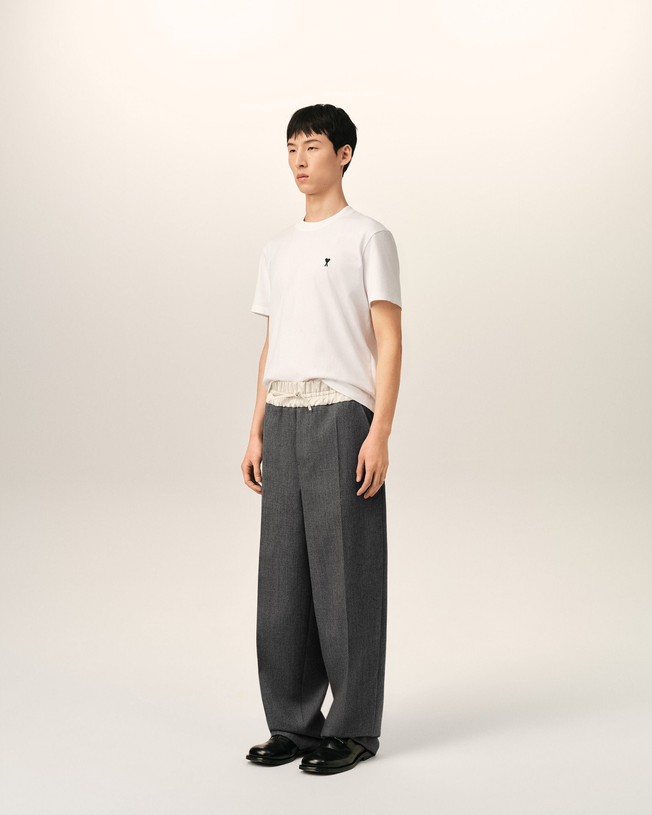 Grey elasticated-waist wool and satin trousers - 6
