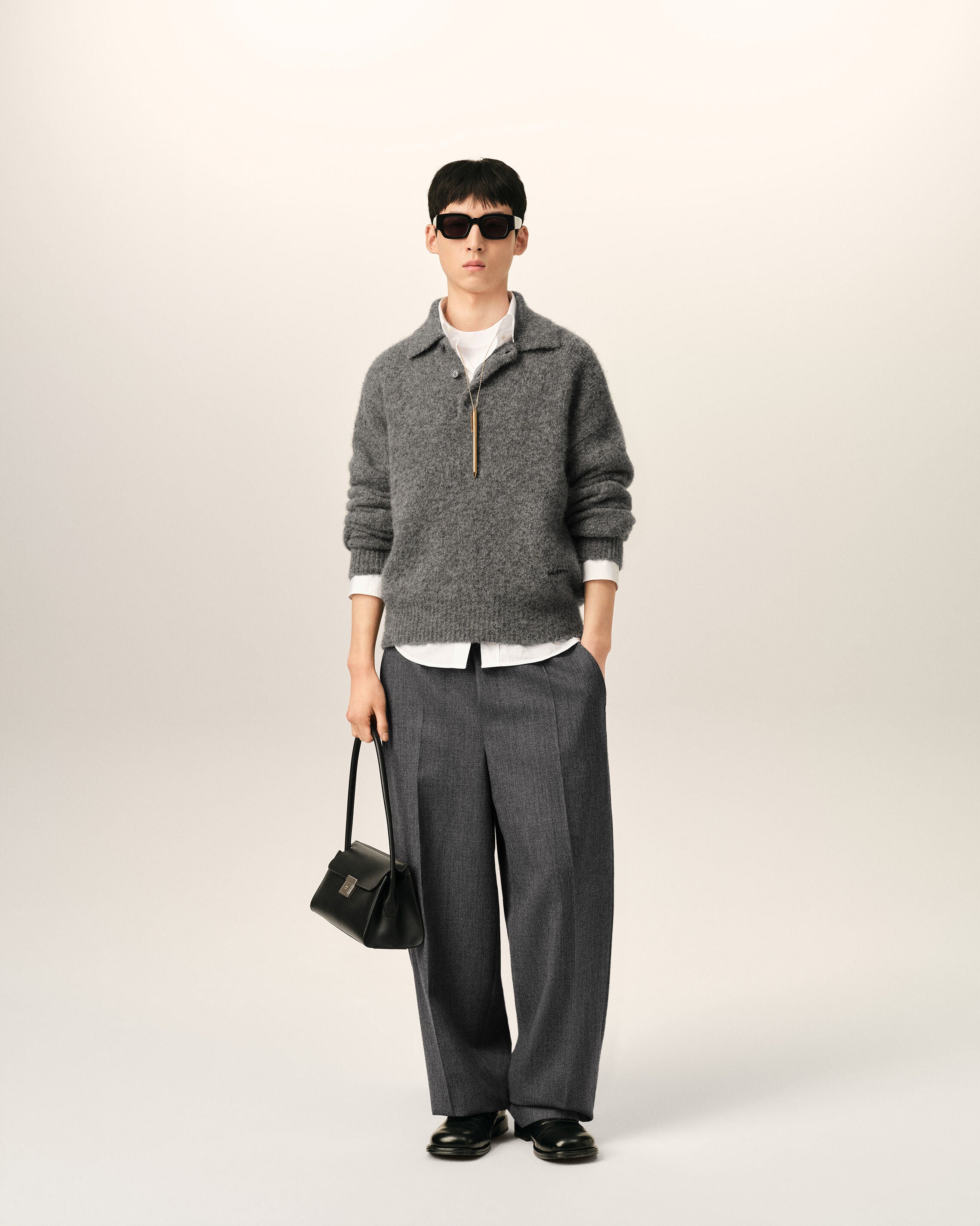 Grey elasticated-waist wool and satin trousers - 2