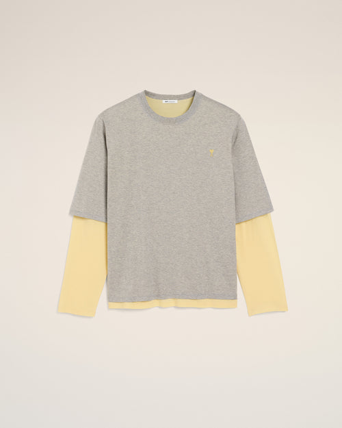 Grey Cotton Double-Sleeve Effect Ami De Coeur T-Shirt - 1 - Ami Paris