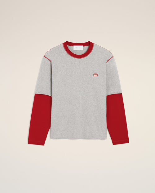 Camiseta gris de algodón de manga doble con parche Ami - 2 - Ami Paris