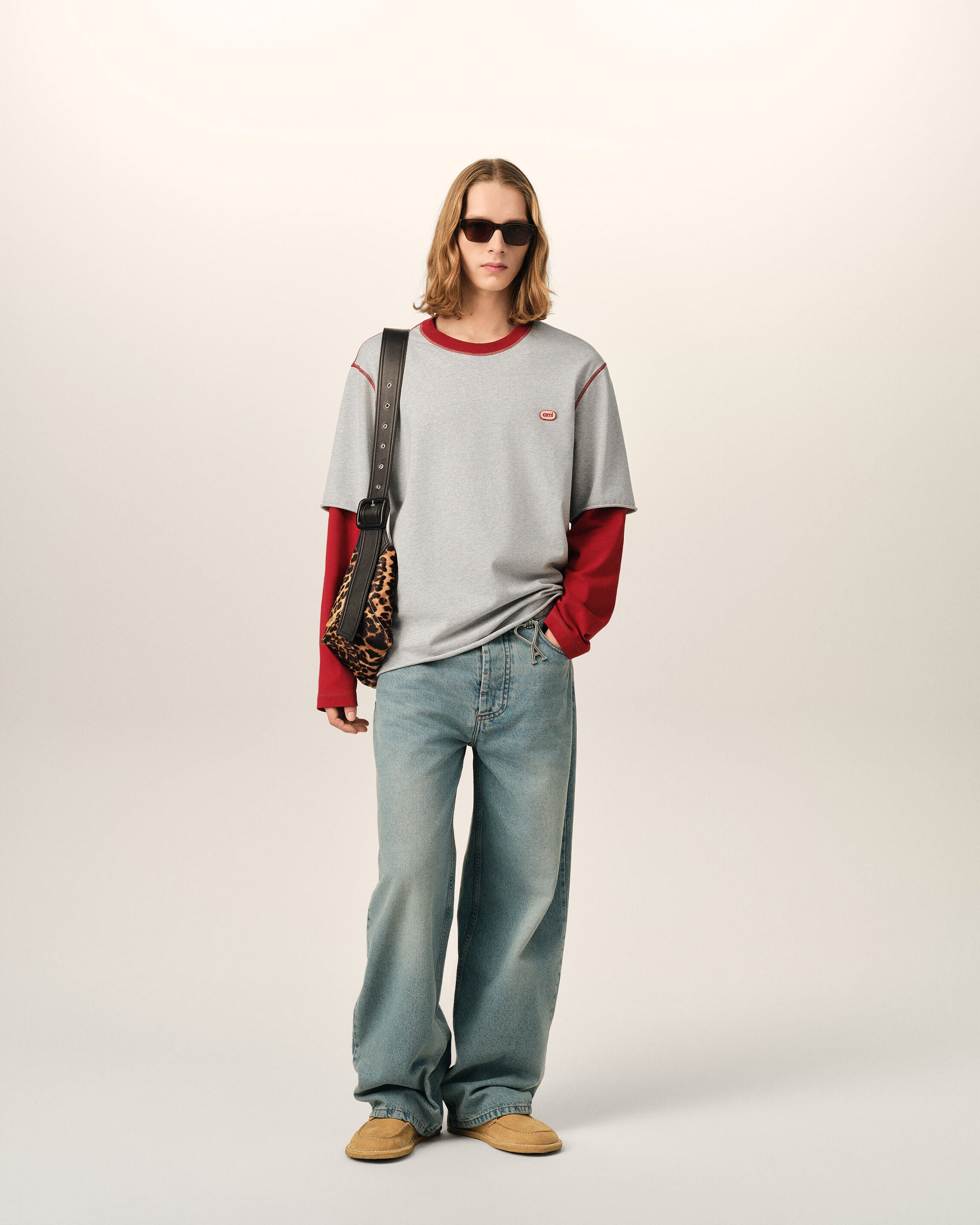 Grey double sleeves cotton t-shirt with Ami patch - 3