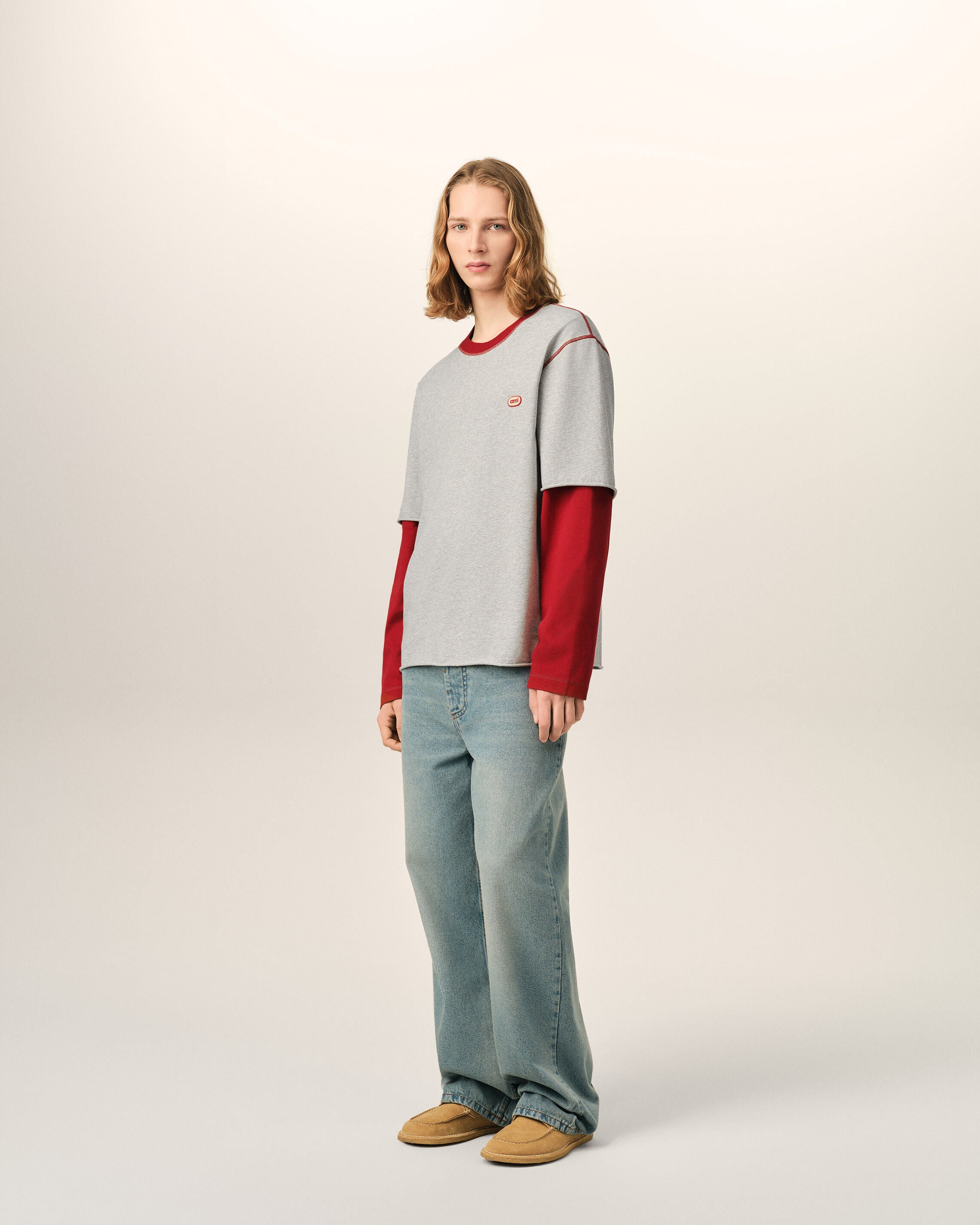Grey double sleeves cotton t-shirt with Ami patch - 6