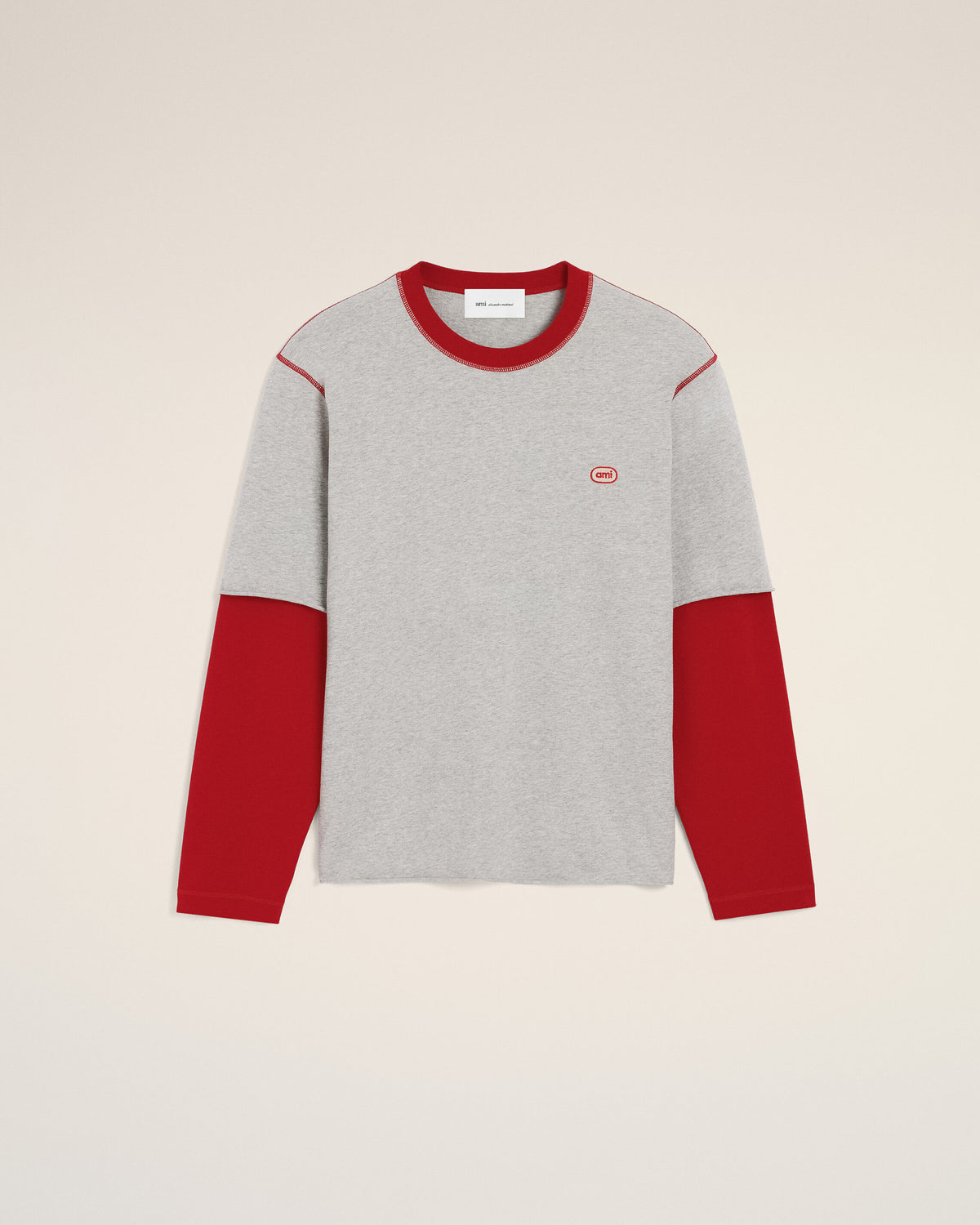 Graues T-Shirt aus Baumwolle mit doppelten Ärmeln und Ami Patch - 1