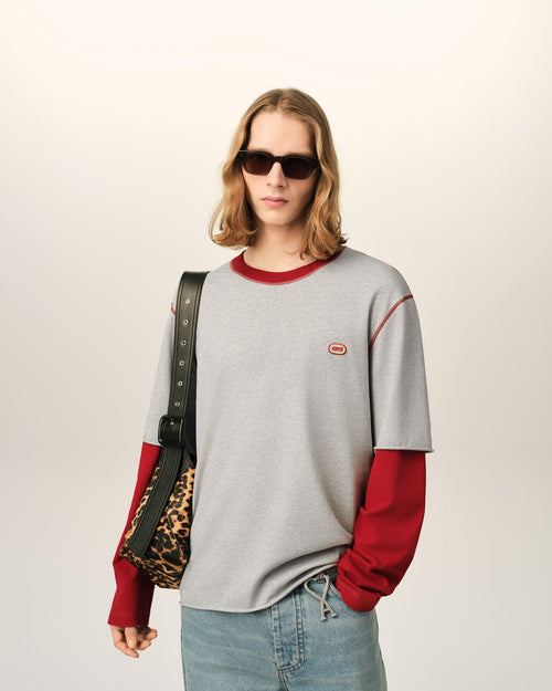 Camiseta gris de algodón de manga doble con parche Ami - 1 - Ami Paris