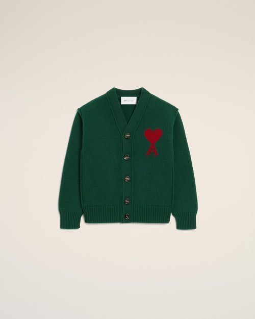 Cardigan vert en laine Ami de Coeur - VERT BOUTEILLE/ROUGE - Ami Paris