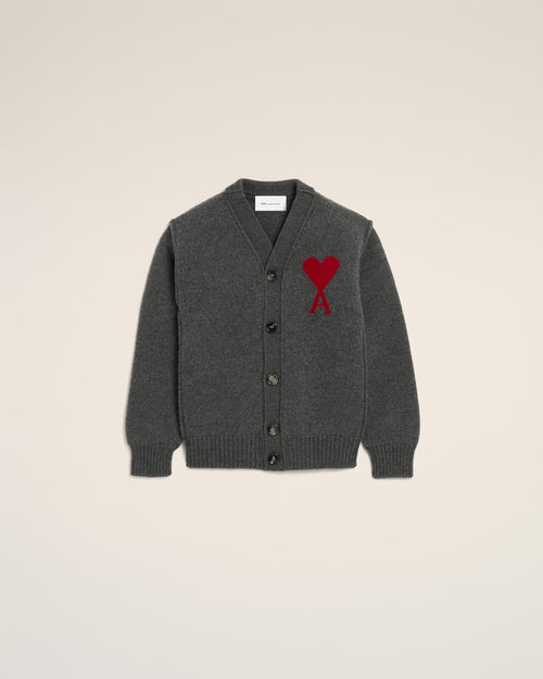 Cardigan gris en laine Ami de Coeur - GRIS CHINE / ROUGE - Ami Paris