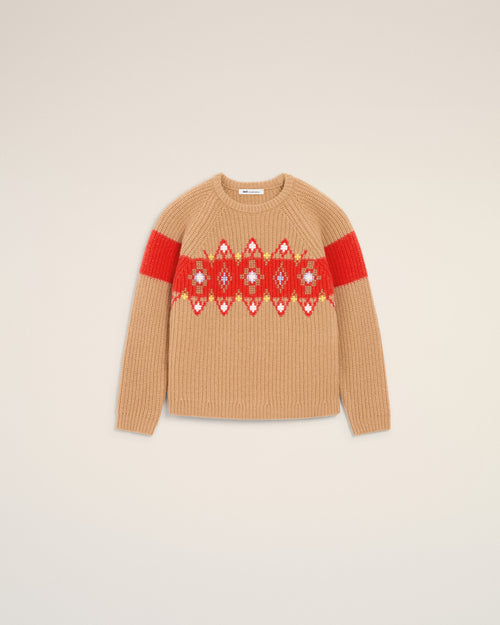 Pull Marron Col Rond Motif Point De Croix En Laine - 2 - Ami Paris