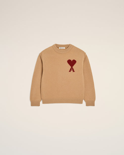 Brown Wool Ami De Coeur Crewneck Sweater - CAMEL/RED - Ami Paris
