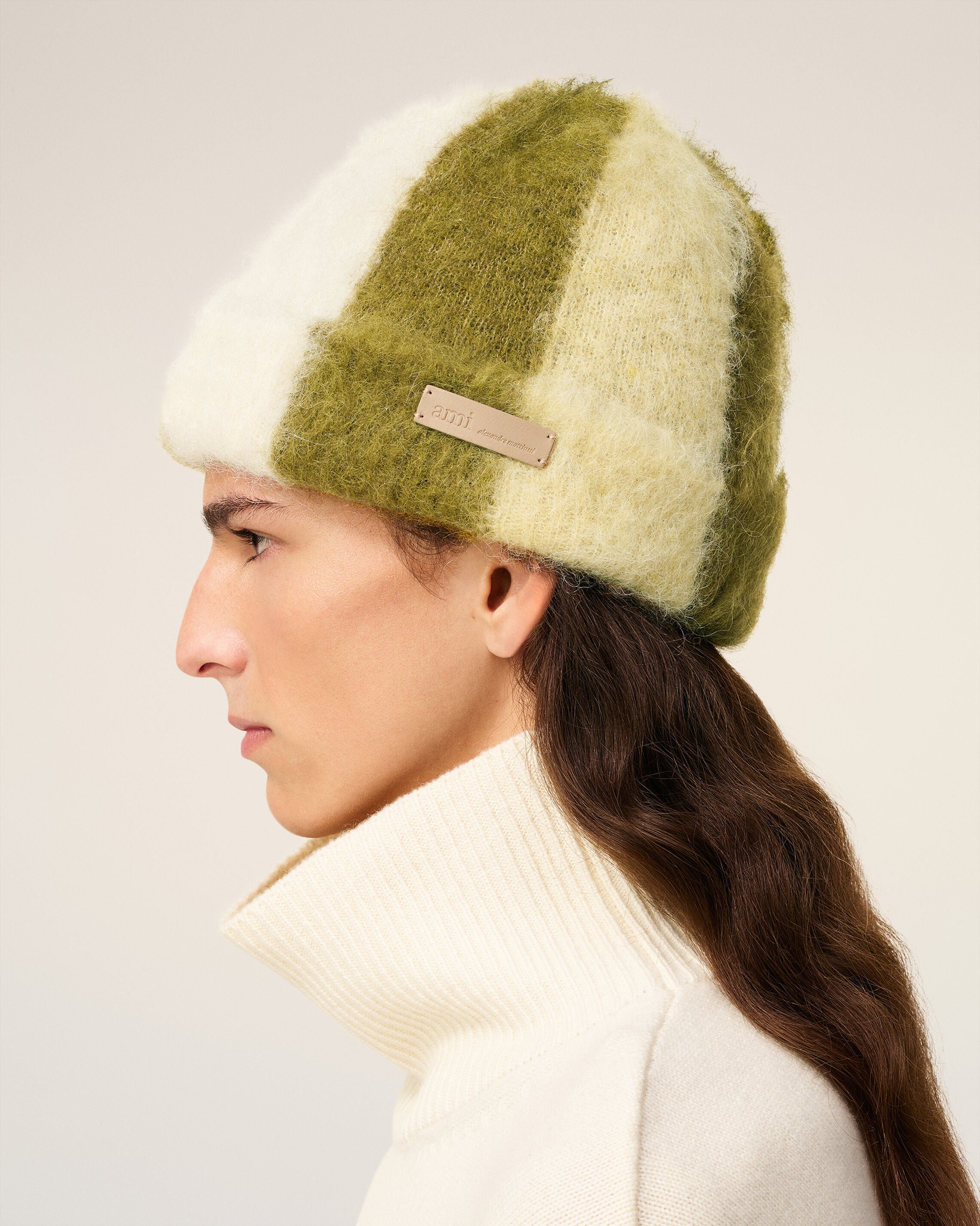 グリーン アルパカ ストライプ Ami De Coeur ビーニー アイボリー