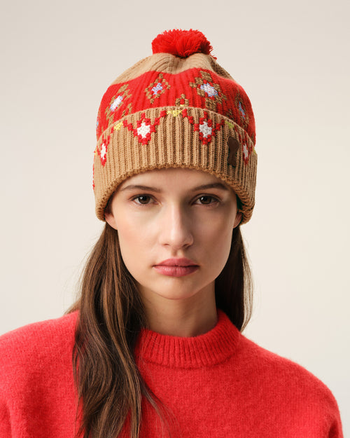                             Brown Wool Cross Stitch Beannie - 3                         - Ami Paris