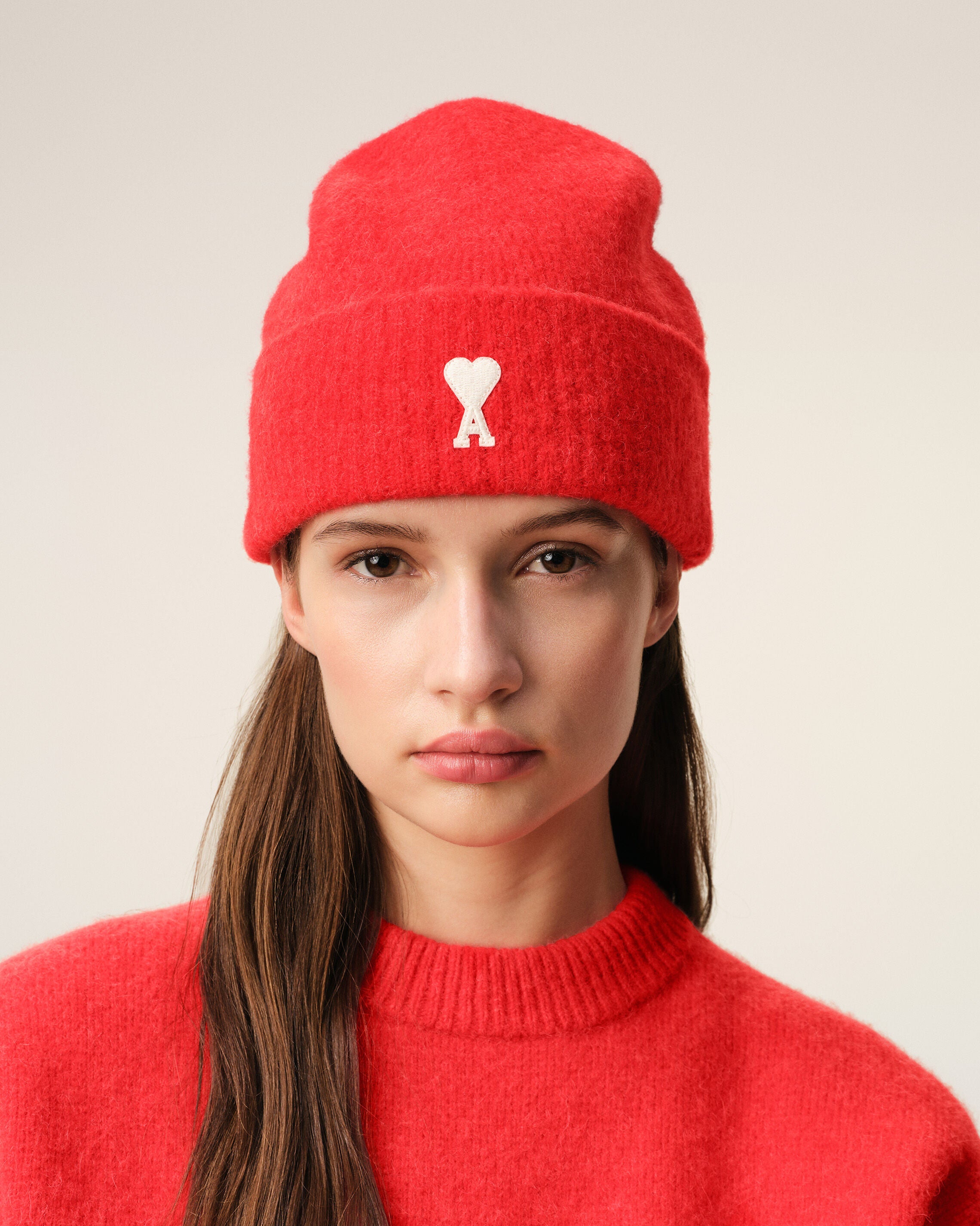 AMI PARIS アルパカブレンドビーニー　ピンク 6807-POWDER/OFF WHITE Pink Alpaca Striped Ami De Coeur Beanie