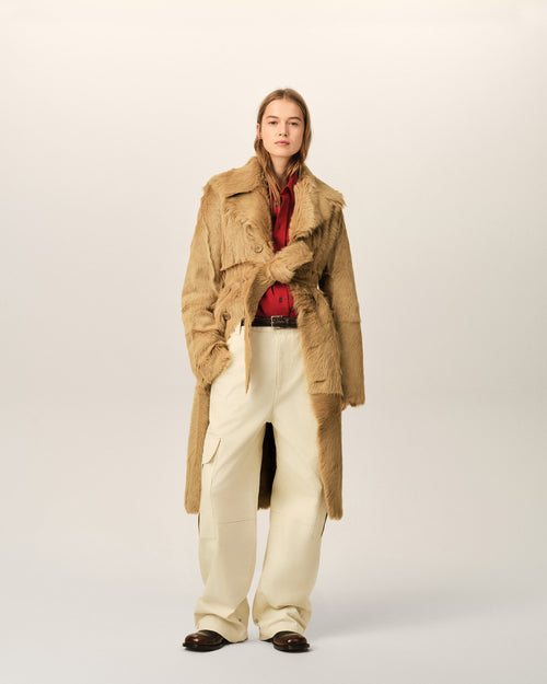                                     Abrigo largo beige de cuero de cabra con cinturón - 3                                 - Ami Paris
