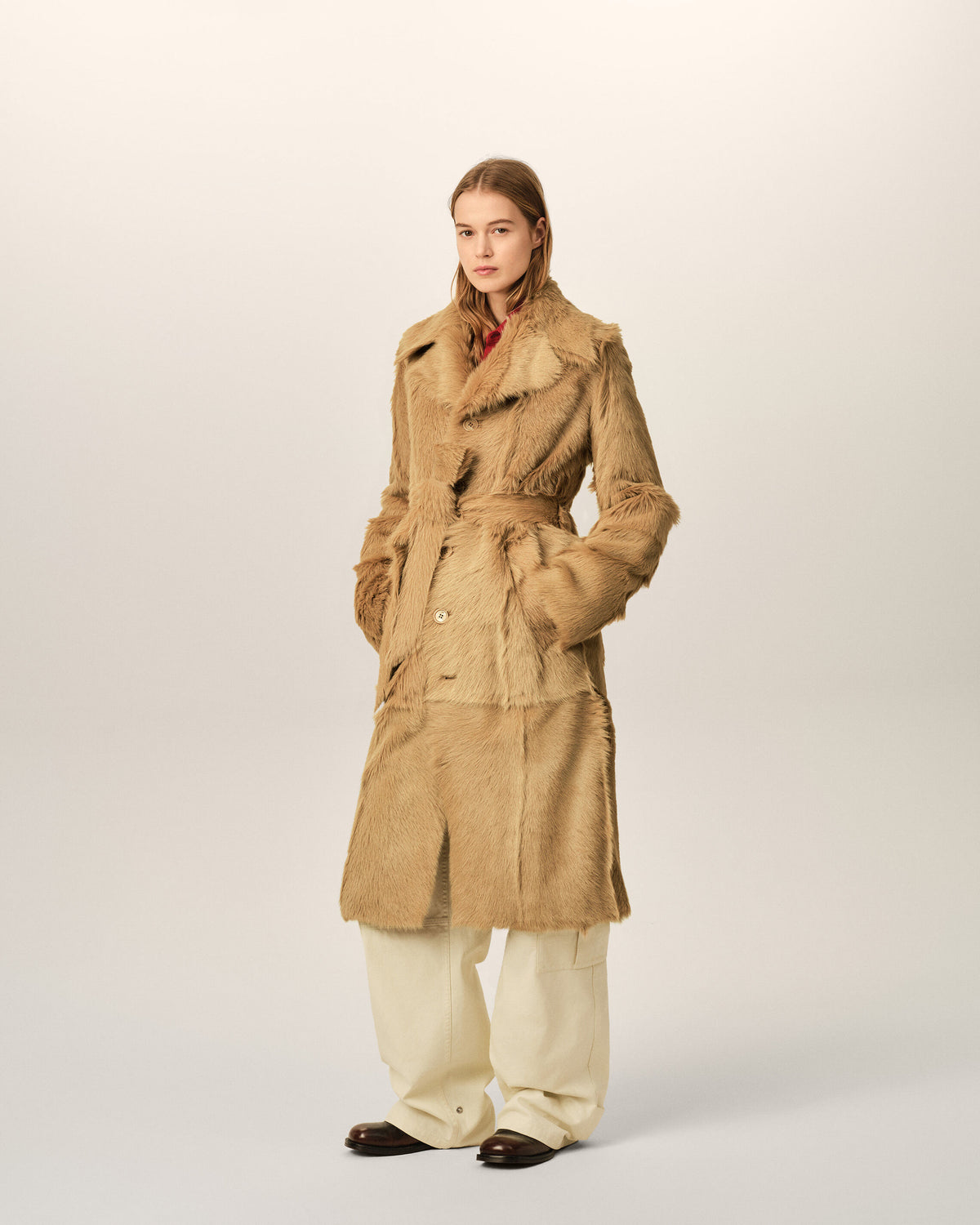 Long beige goat leather belted coat - 12