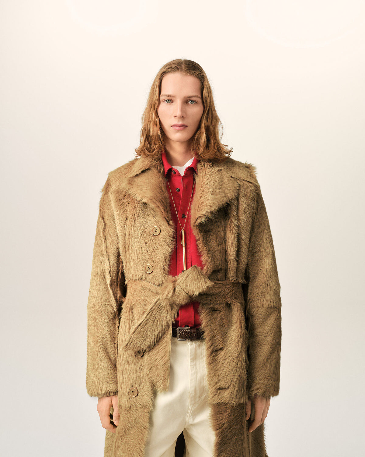 Long beige goat leather belted coat - 3