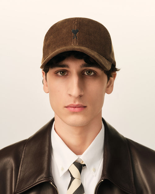 Brown corduroy cotton cap with Ami de Coeur - Man - 2 - AMI Paris - Ami Paris