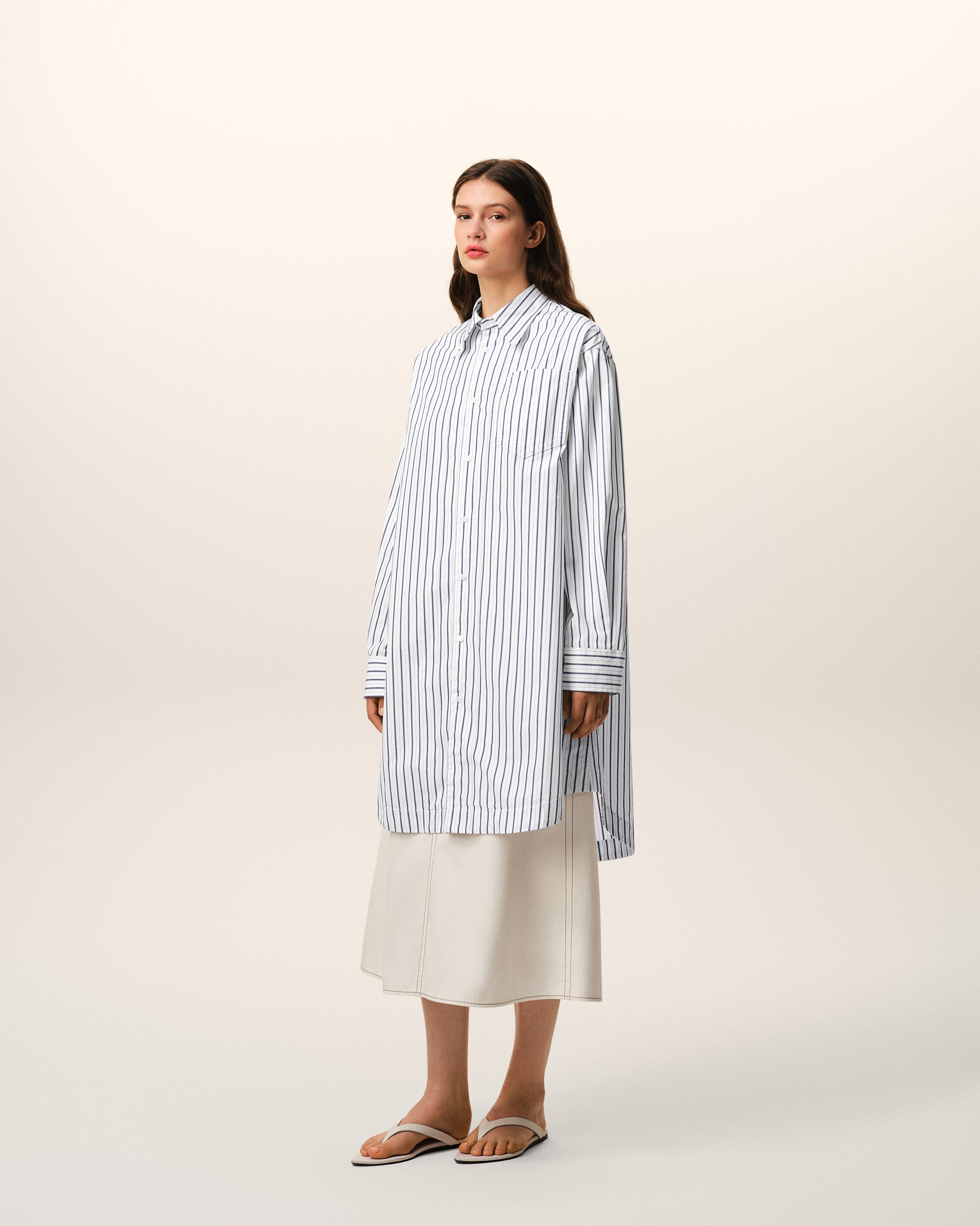 White Striped Cotton Ami De Coeur Wide Shirt Dress - 12