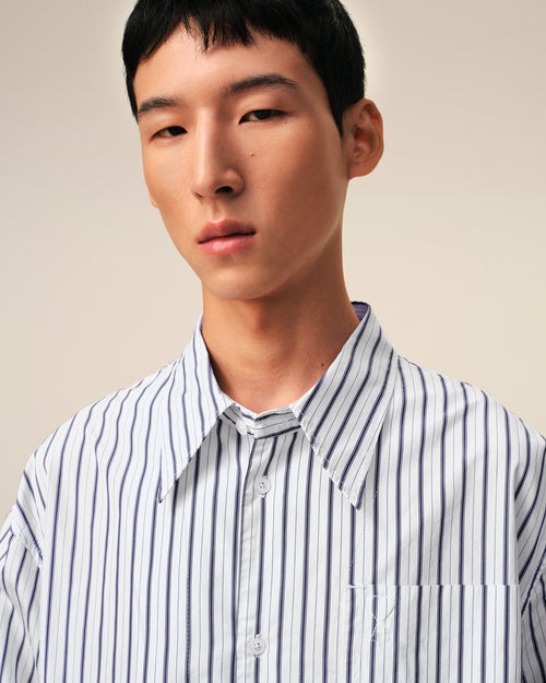 White Striped Cotton Ami De Coeur Wide Shirt Dress - 4 - Ami Paris