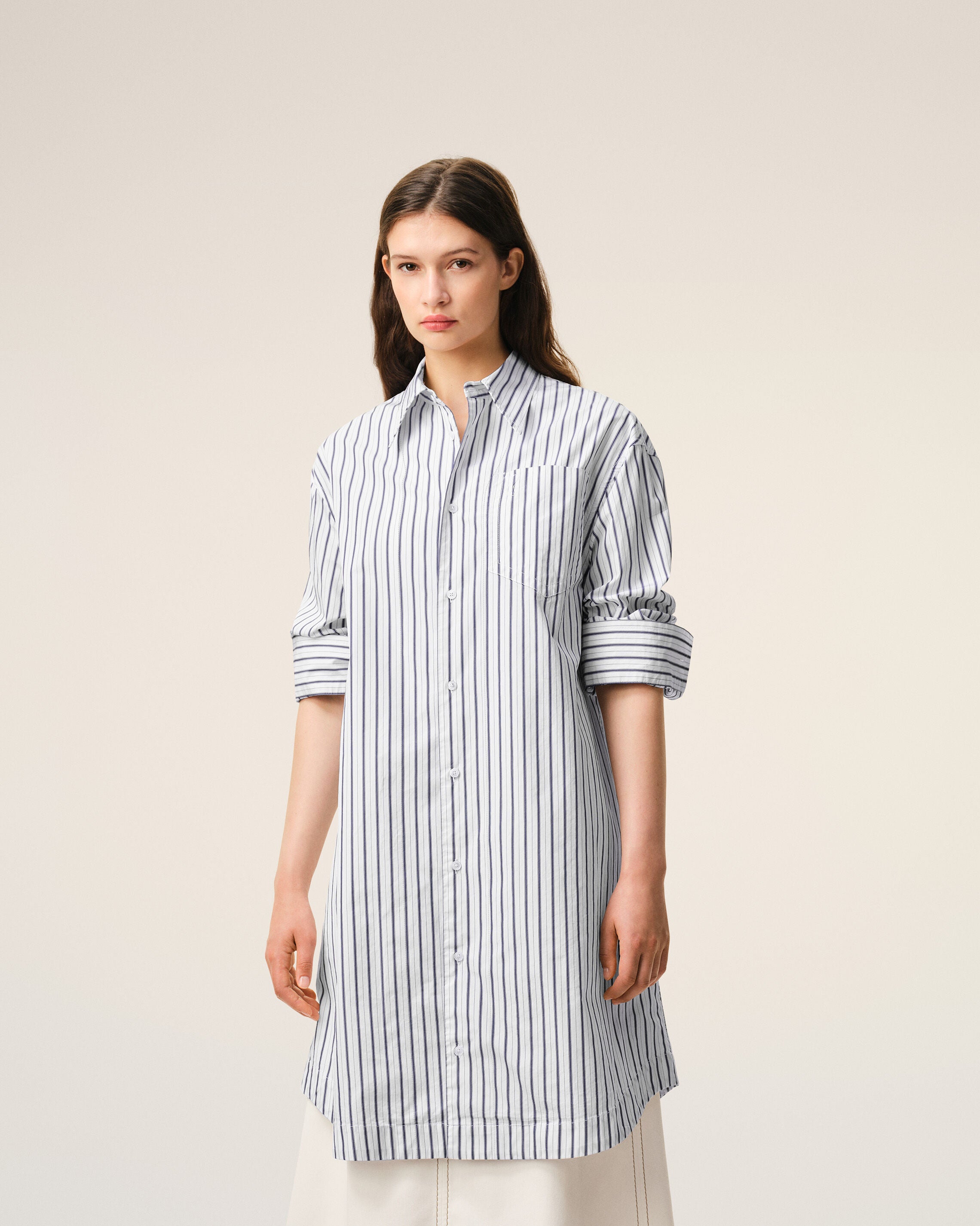 White Striped Cotton Ami De Coeur Wide Shirt Dress - 9