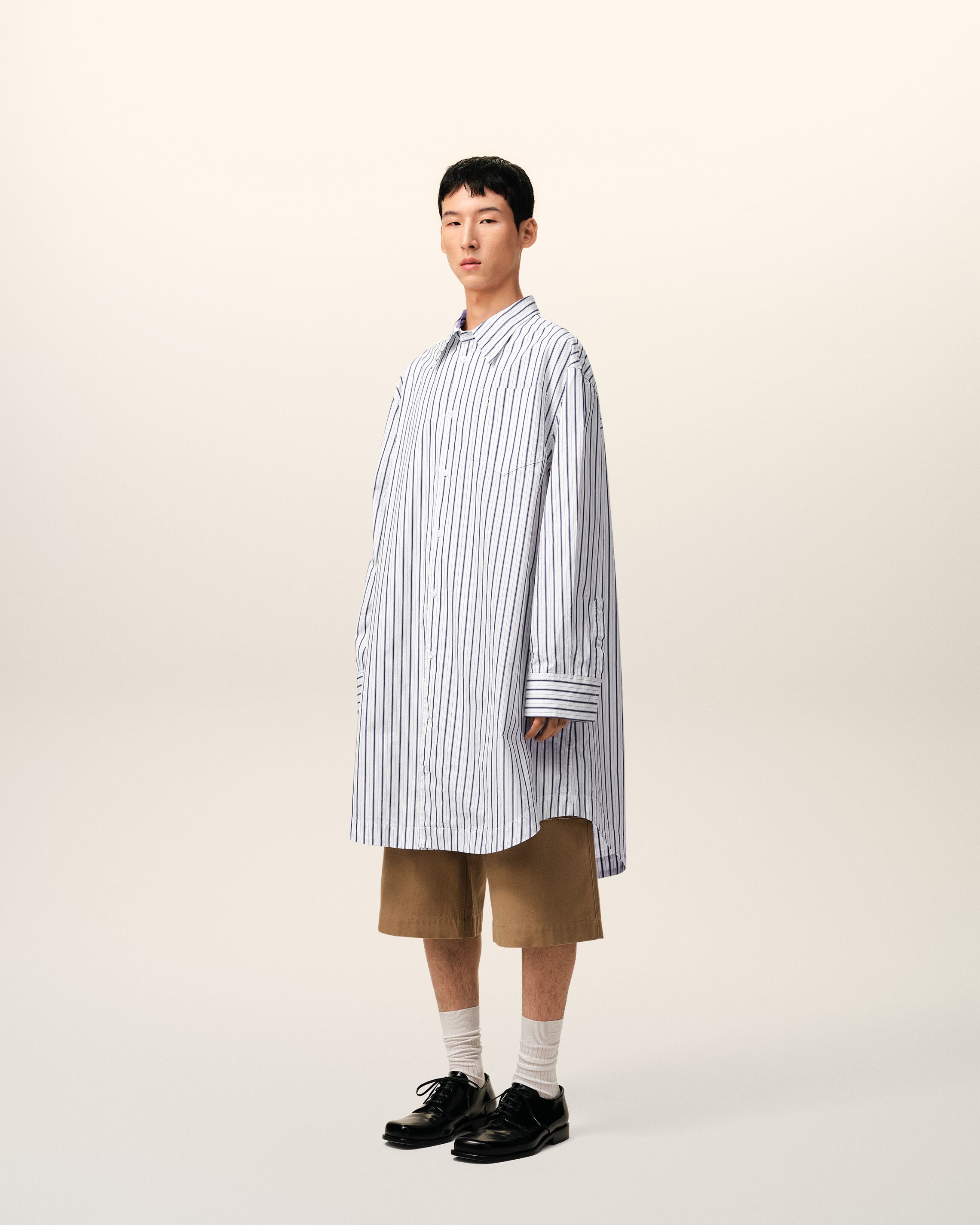 White Striped Cotton Ami De Coeur Wide Shirt Dress - 6