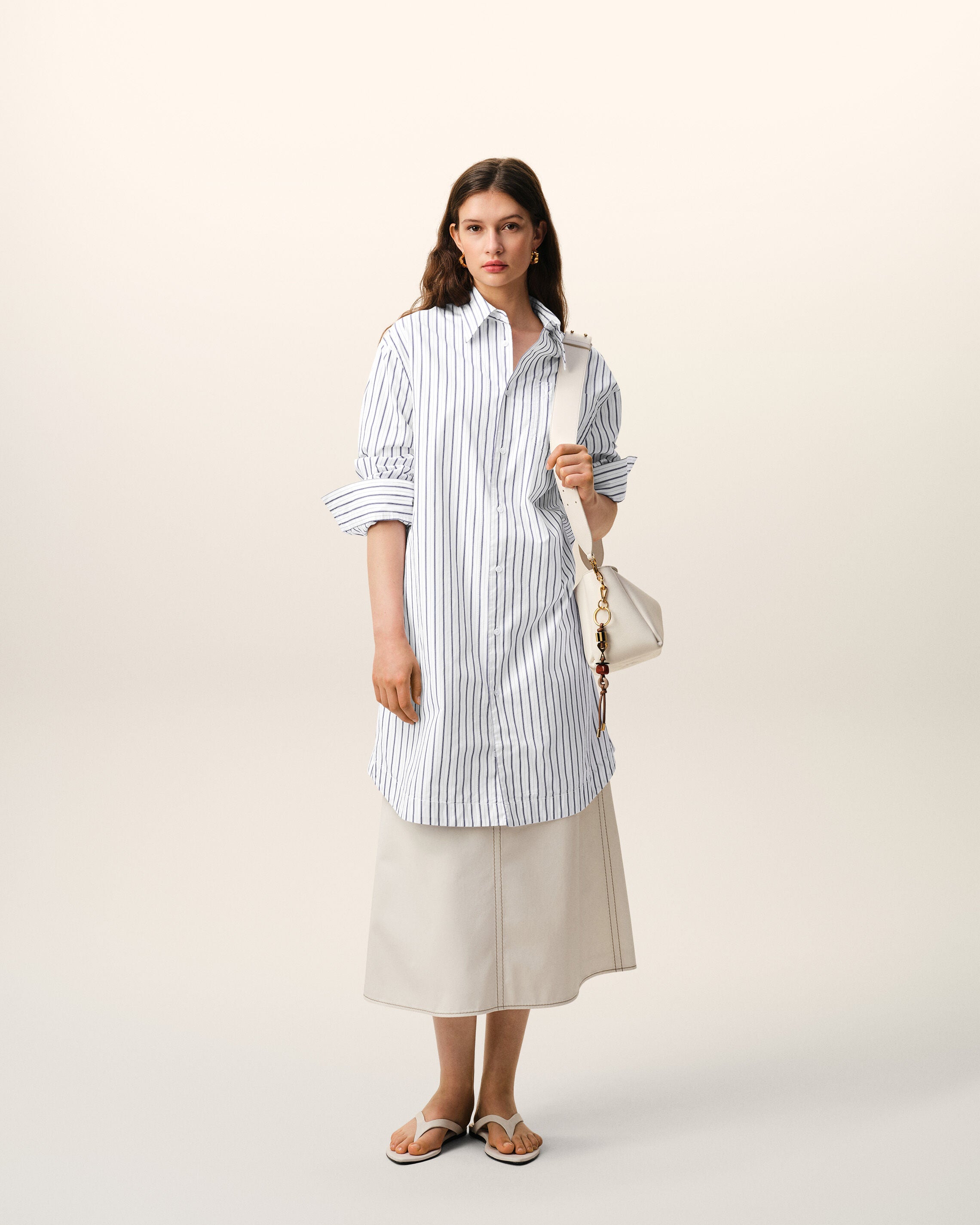 White Striped Cotton Ami De Coeur Wide Shirt Dress - 8