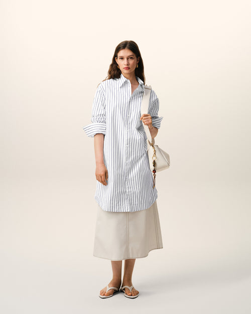                                     White Striped Cotton Ami De Coeur Wide Shirt Dress - 3                                 - Ami Paris