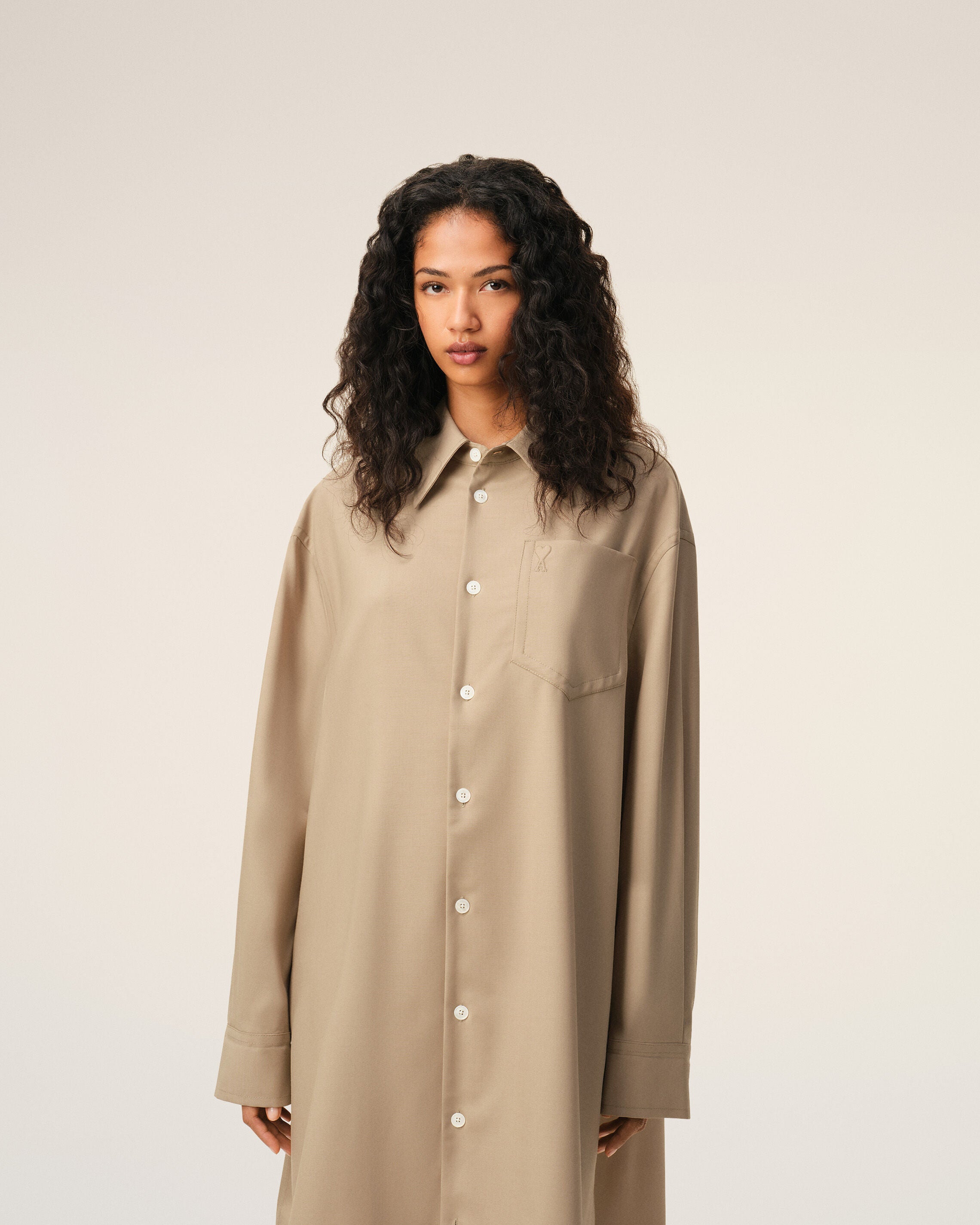 Beige New Wool Ami De Coeur Wide Shirt Dress - 9