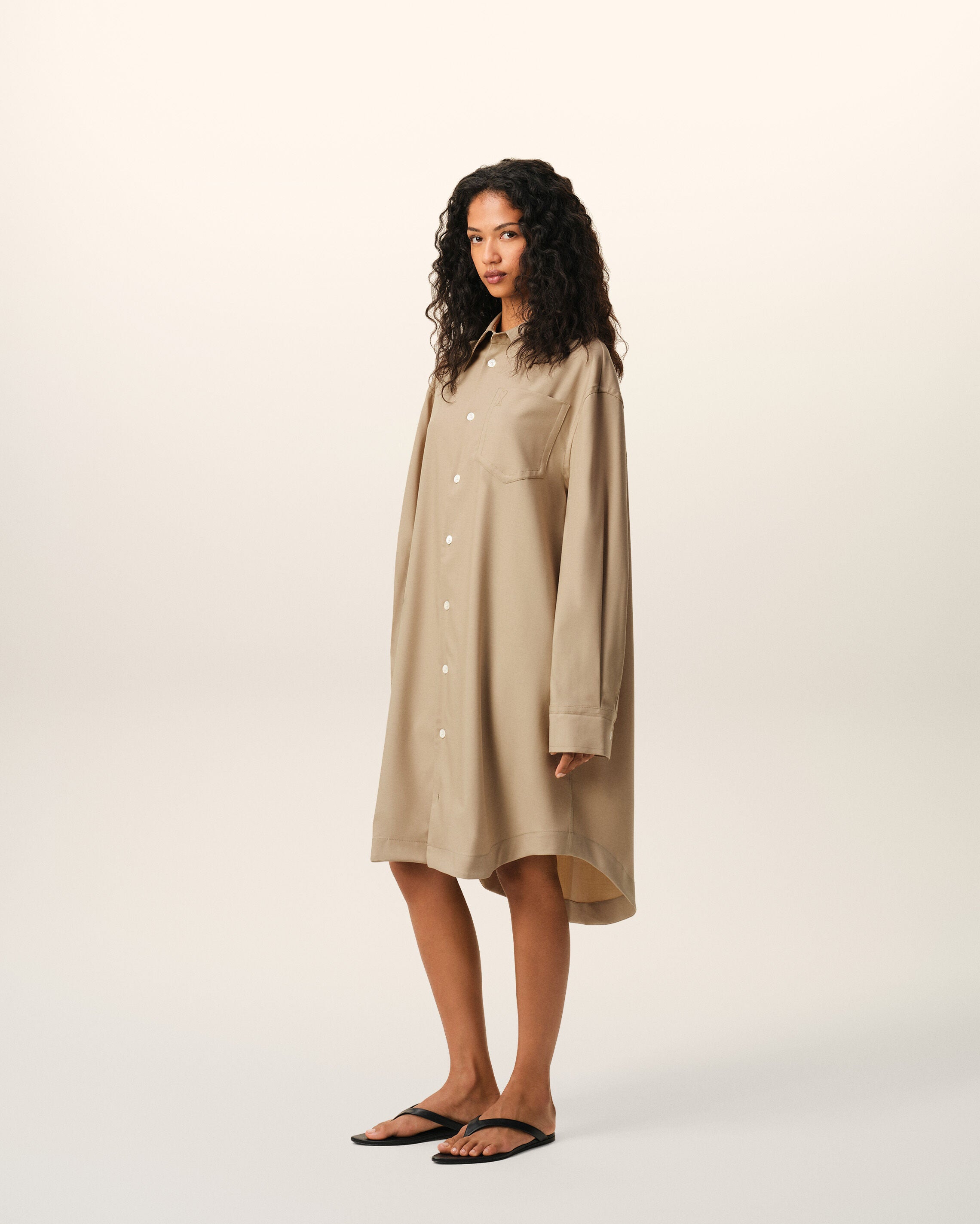 Beige New Wool Ami De Coeur Wide Shirt Dress - 12
