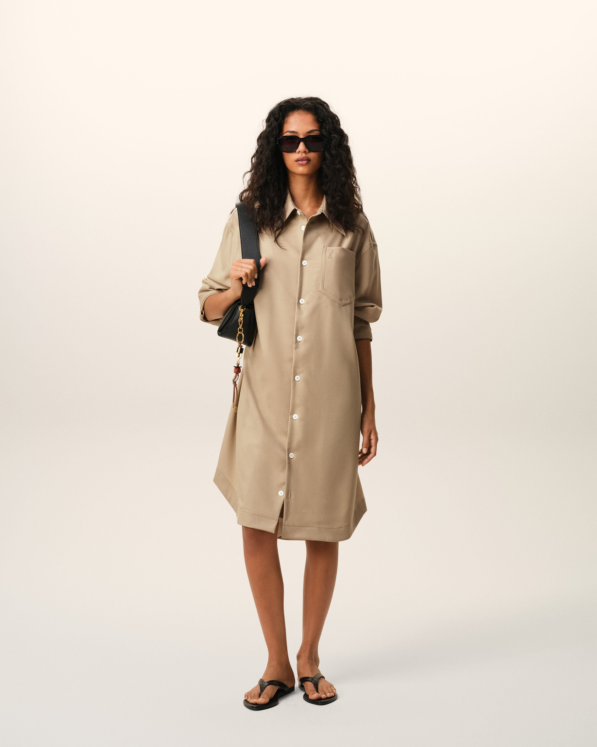 Beige New Wool Ami De Coeur Wide Shirt Dress - 8