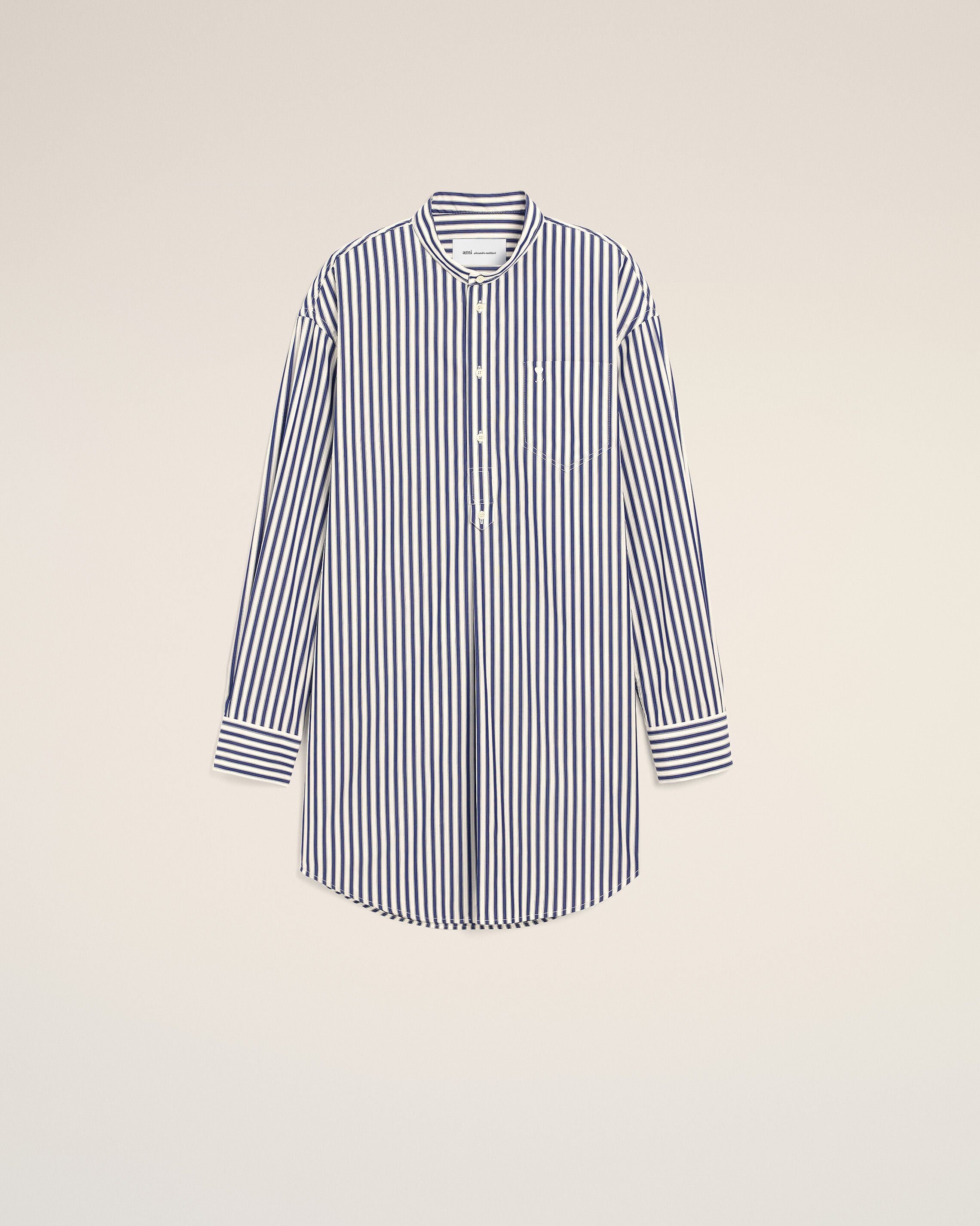 Vestido túnica azul de algodón con cuello mao - 1