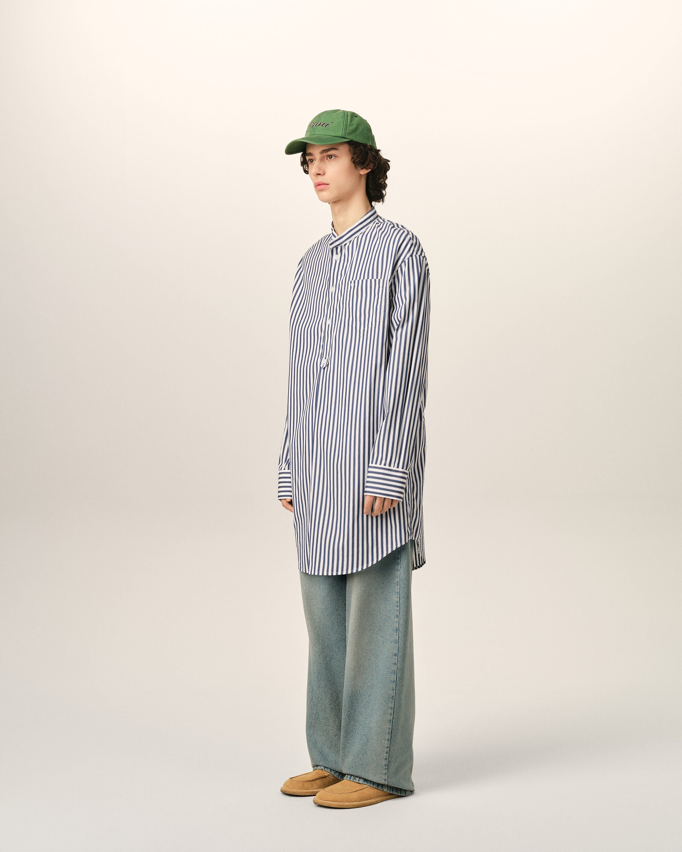 Vestido túnica azul de algodón con cuello mao - 6